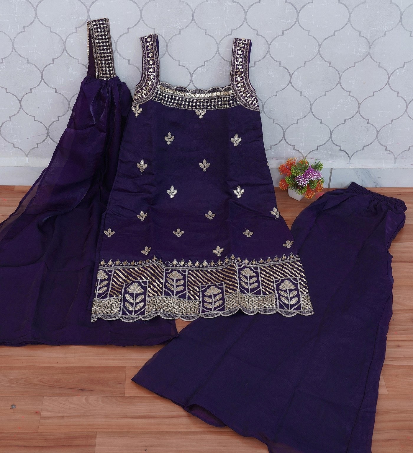 Wine Purple Fandy Lace Border Suit Set 