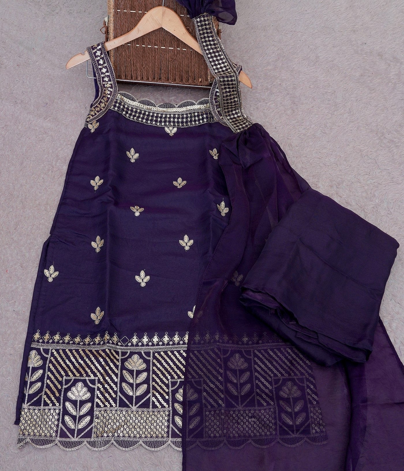 Wine Purple Fandy Lace Border Suit Set 