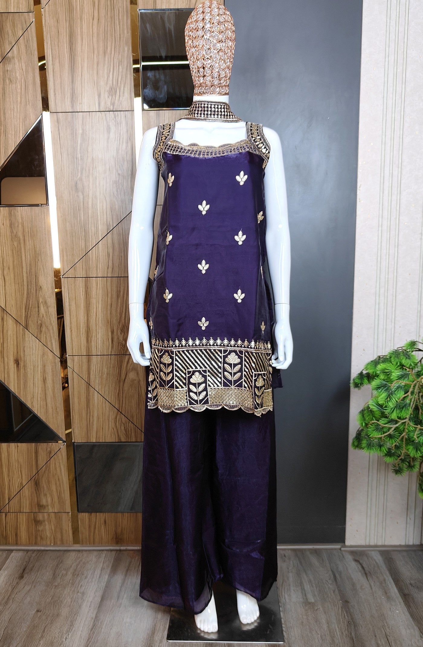 Wine Purple Fandy Lace Border Suit Set 