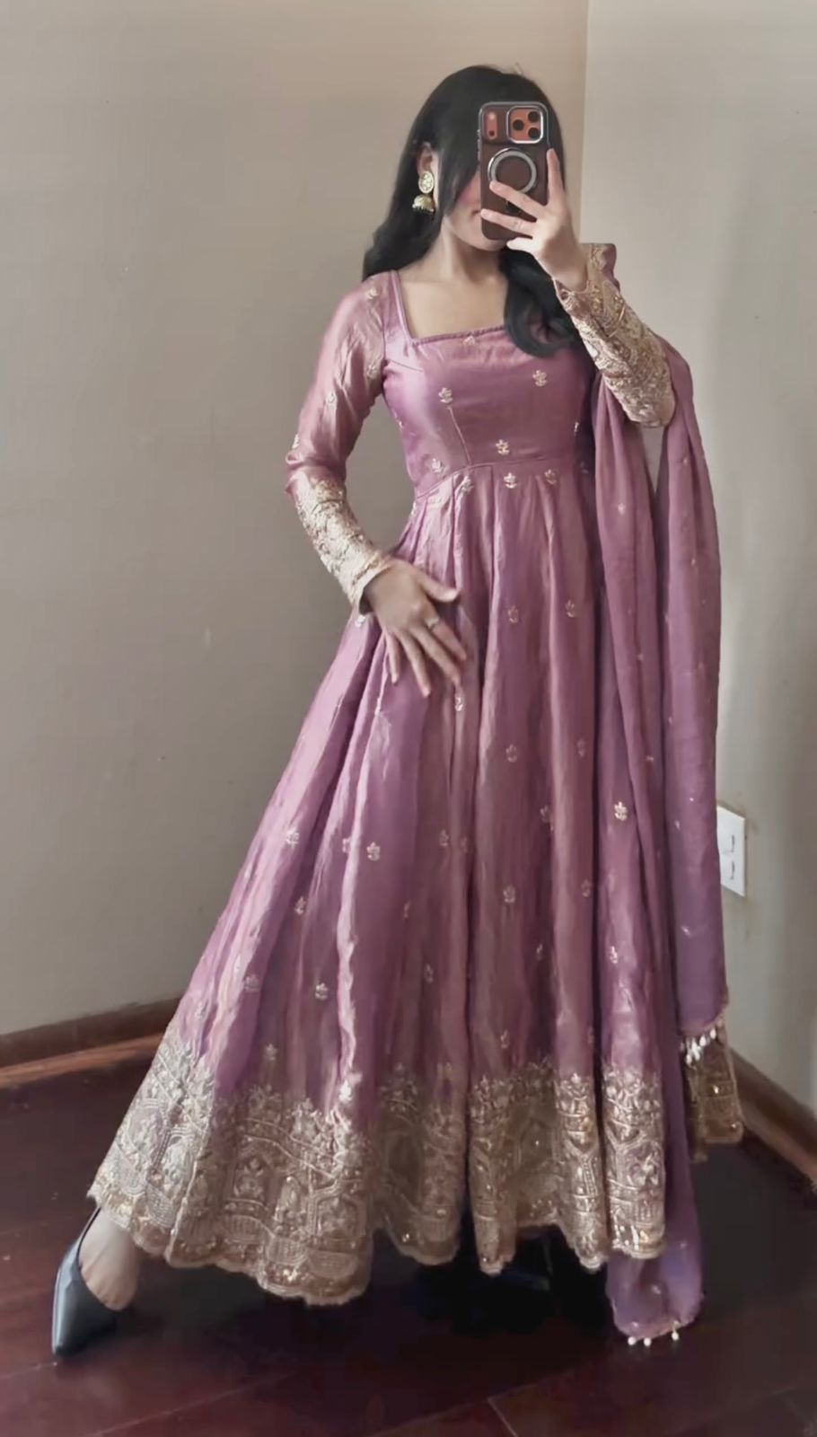 Purple Fendi Satin Embroidered Sequins Work Full Sleeve Suit Set