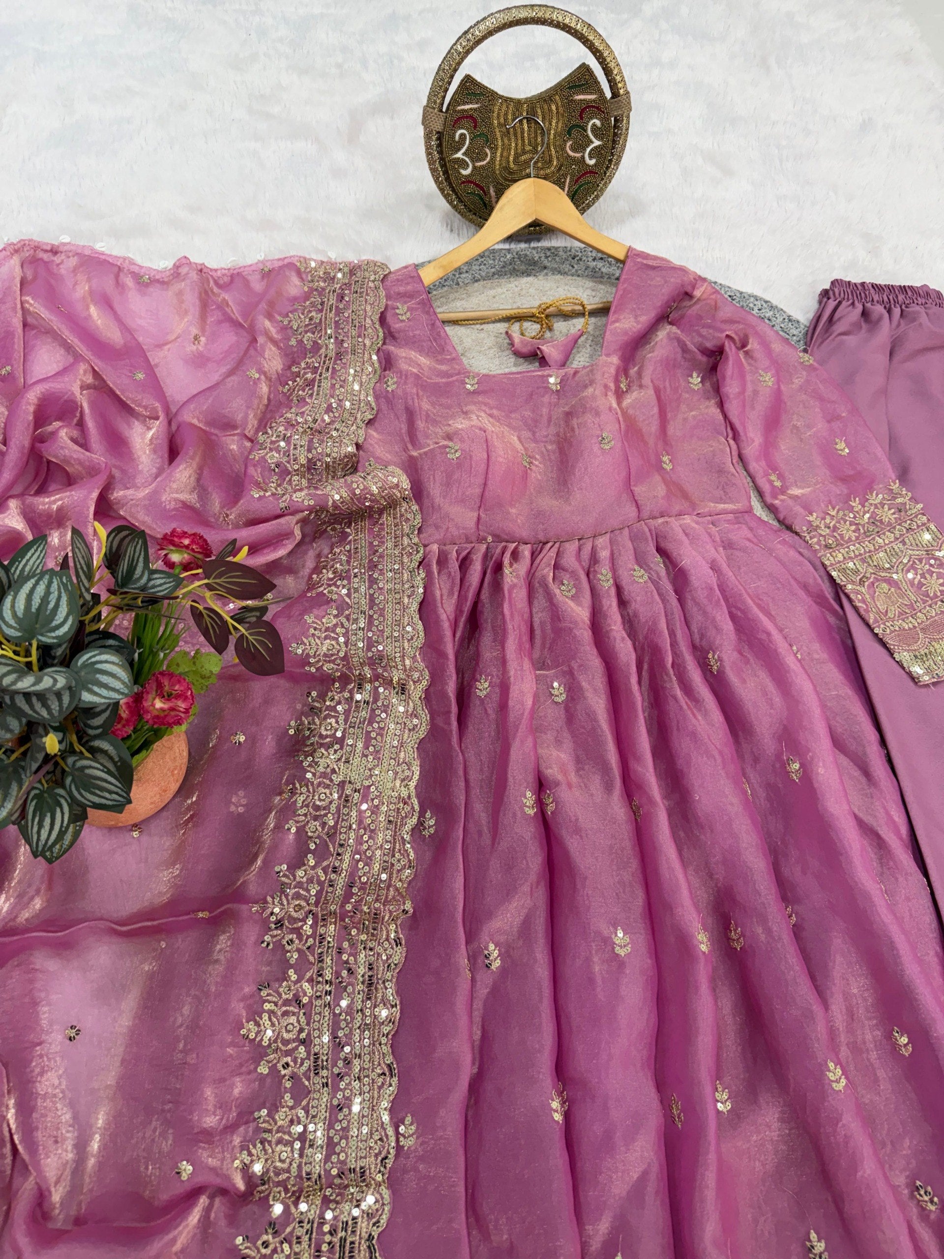 Purple Fendi Satin Embroidered Sequins Work Full Sleeve Suit Set