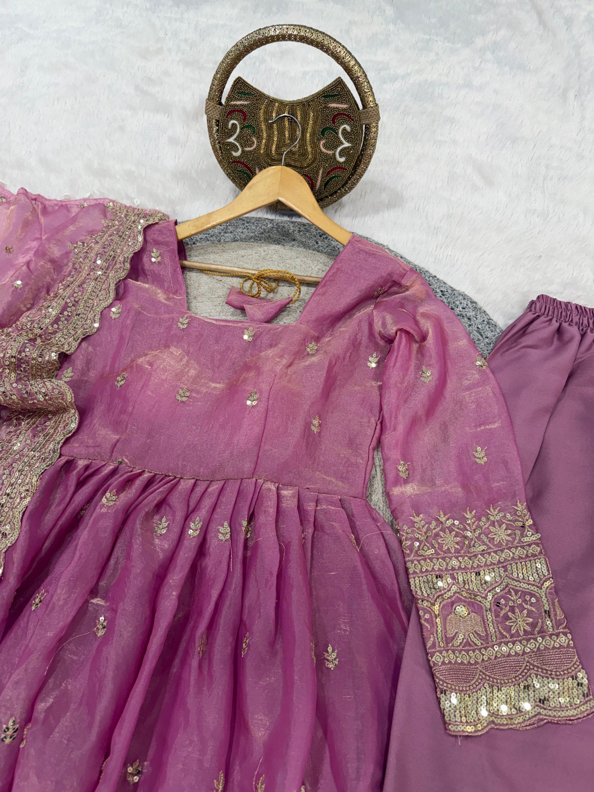 Purple Fendi Satin Embroidered Sequins Work Full Sleeve Suit Set