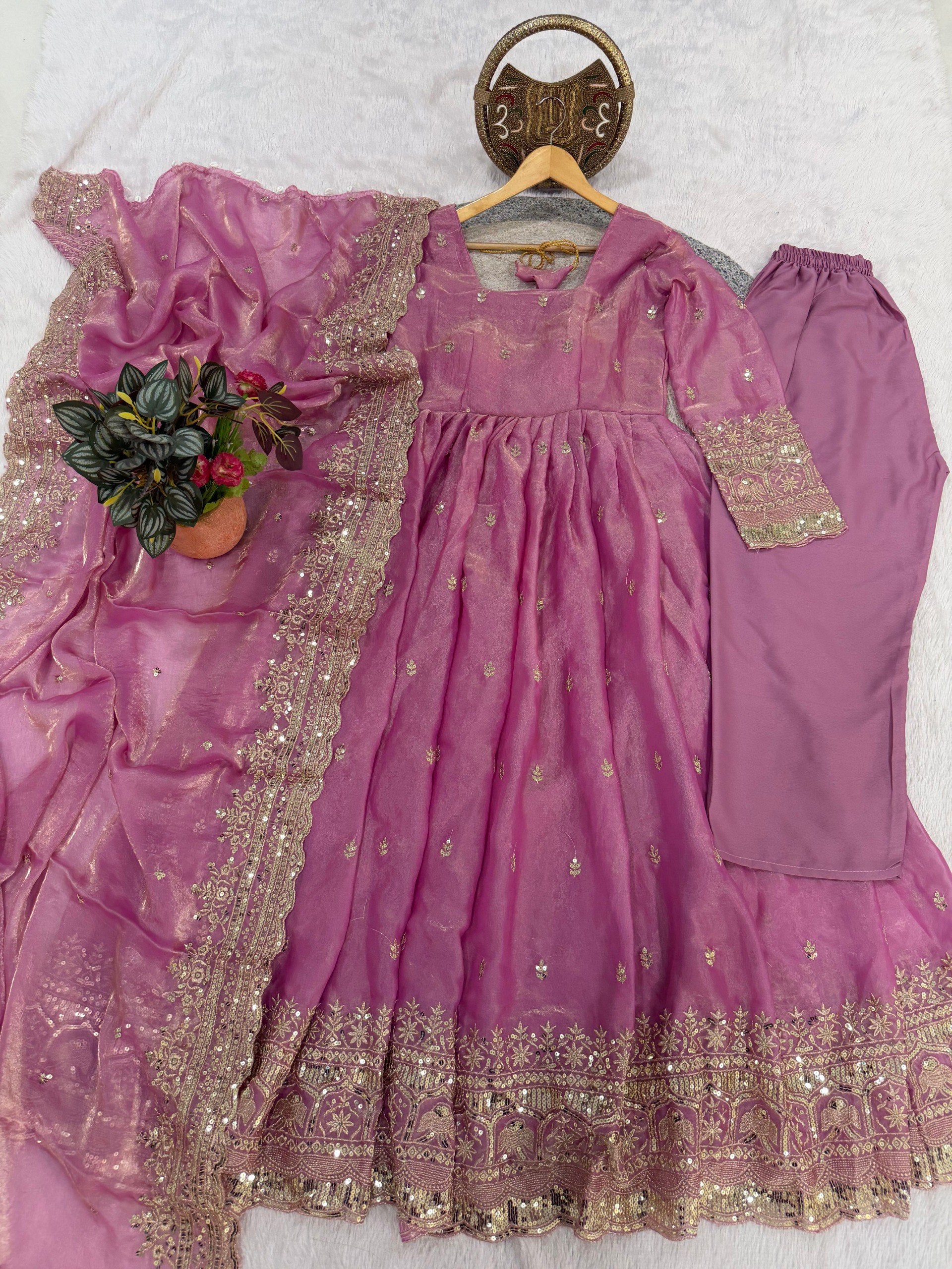 Purple Fendi Satin Embroidered Sequins Work Full Sleeve Suit Set