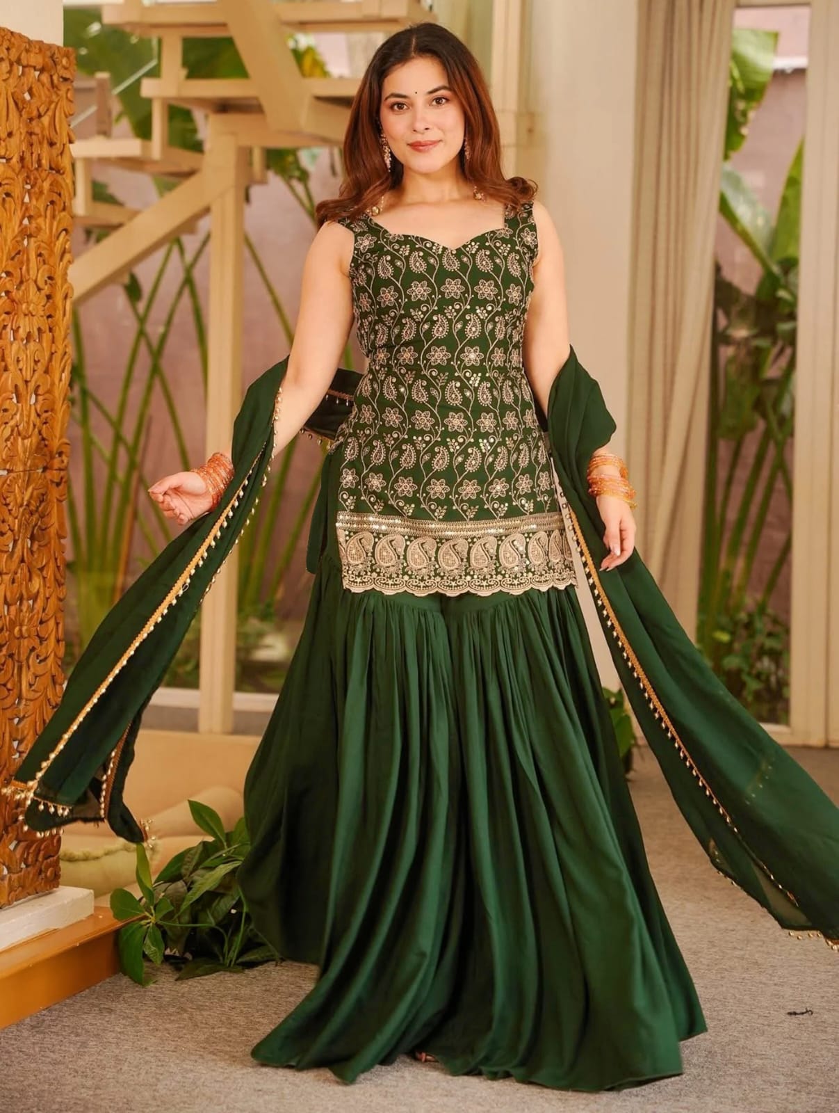 Green French Crape Embroidery Sarara Set 