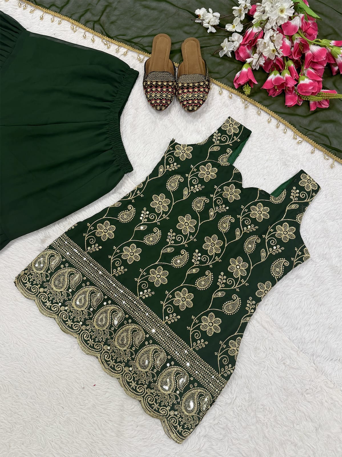 Green French Crape Embroidery Sarara Set 