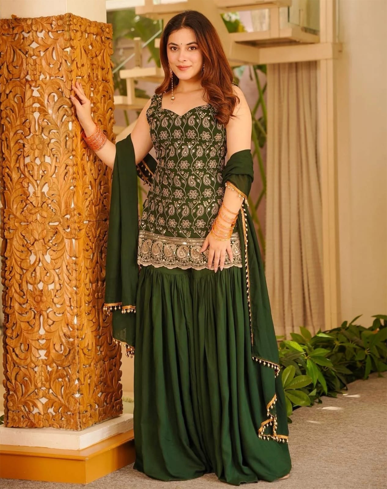 Green French Crape Embroidery Sarara Set 