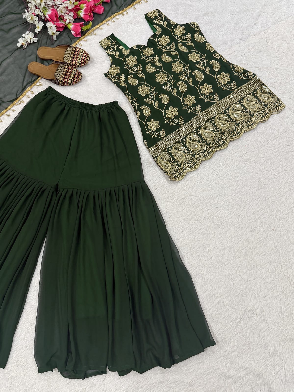 Green French Crape Embroidery Sarara Set 