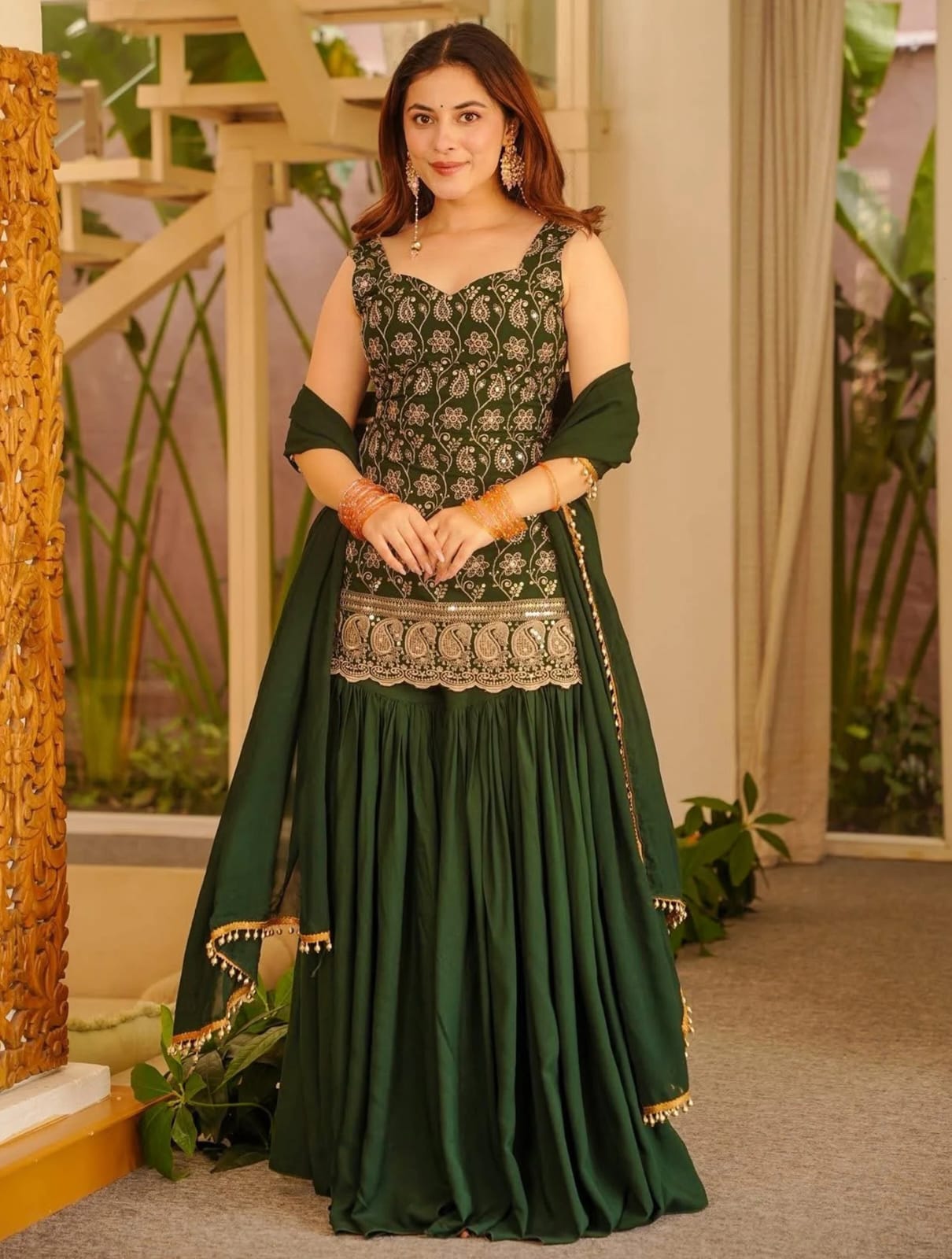 Green French Crape Embroidery Sarara Set 