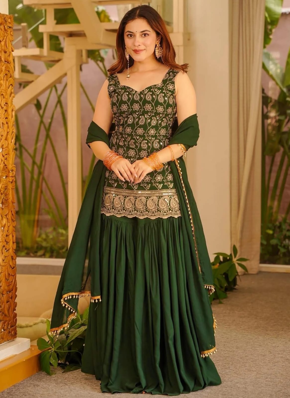 Green French Crape Embroidery Sarara Set 