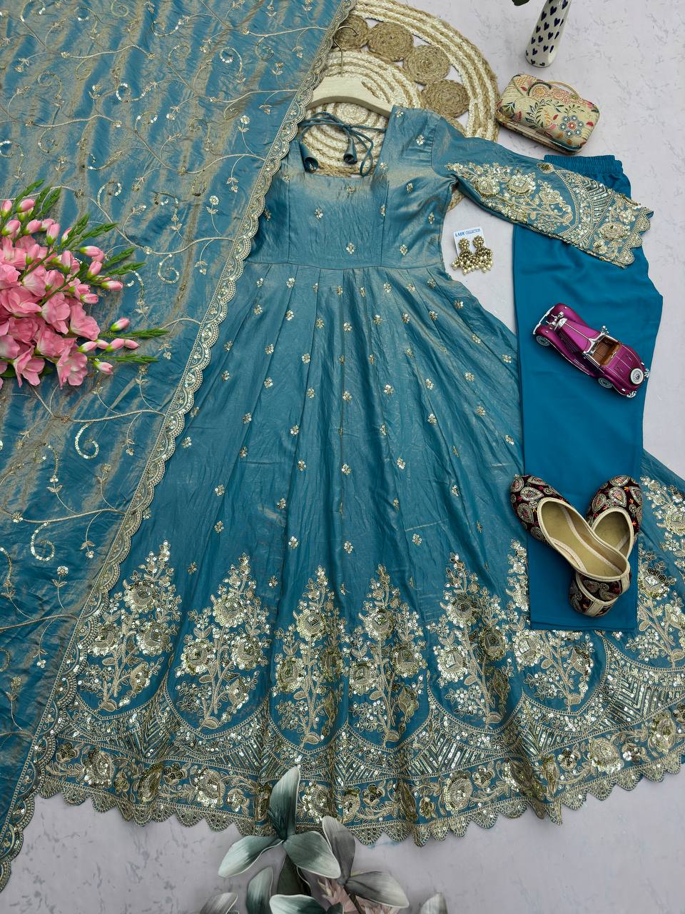 Ocean Blue Heavy Jelly Smimmer Silk Embroidery And Sequins Work Anarkali Suit