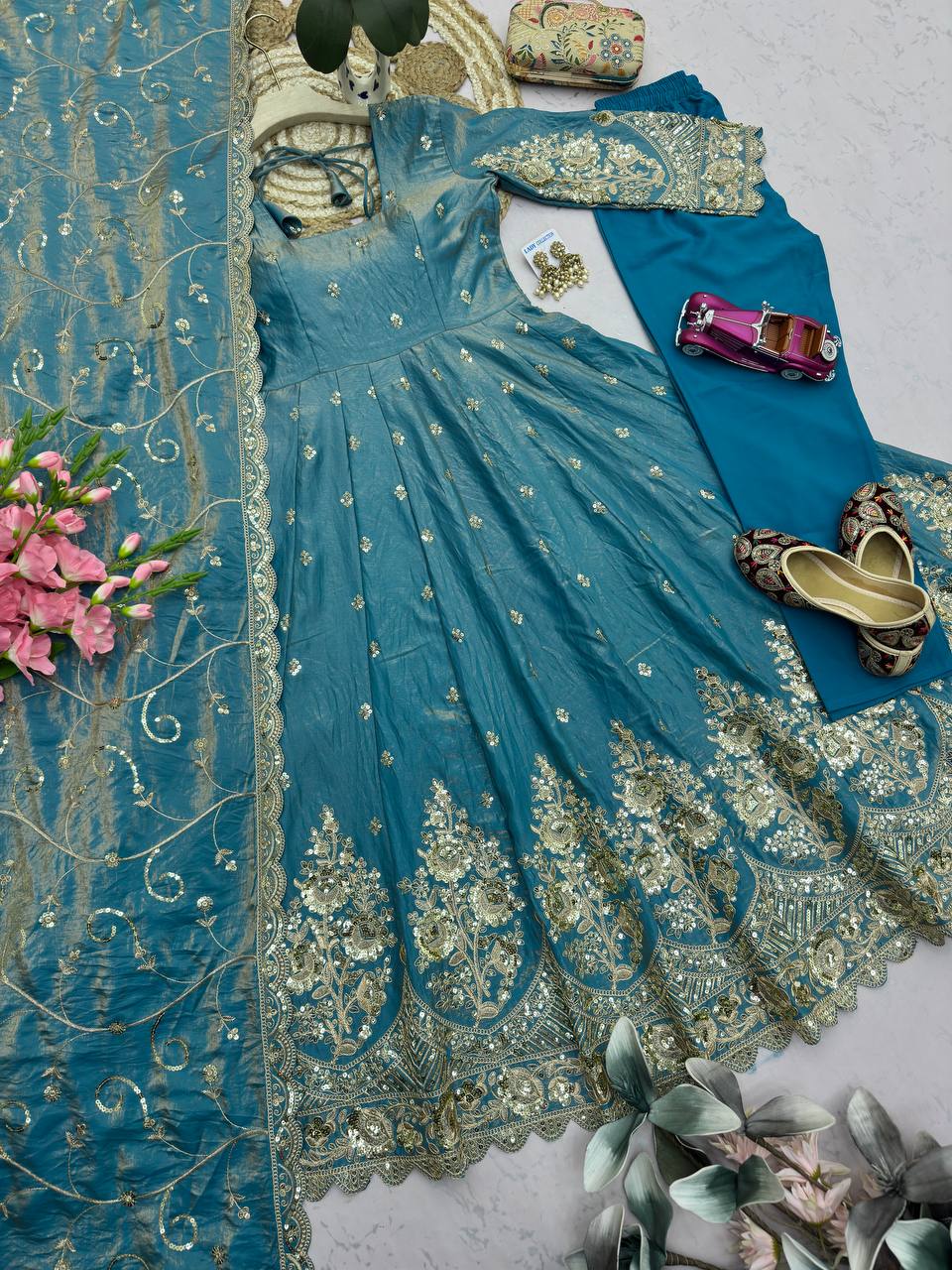 Ocean Blue Heavy Jelly Smimmer Silk Embroidery And Sequins Work Anarkali Suit