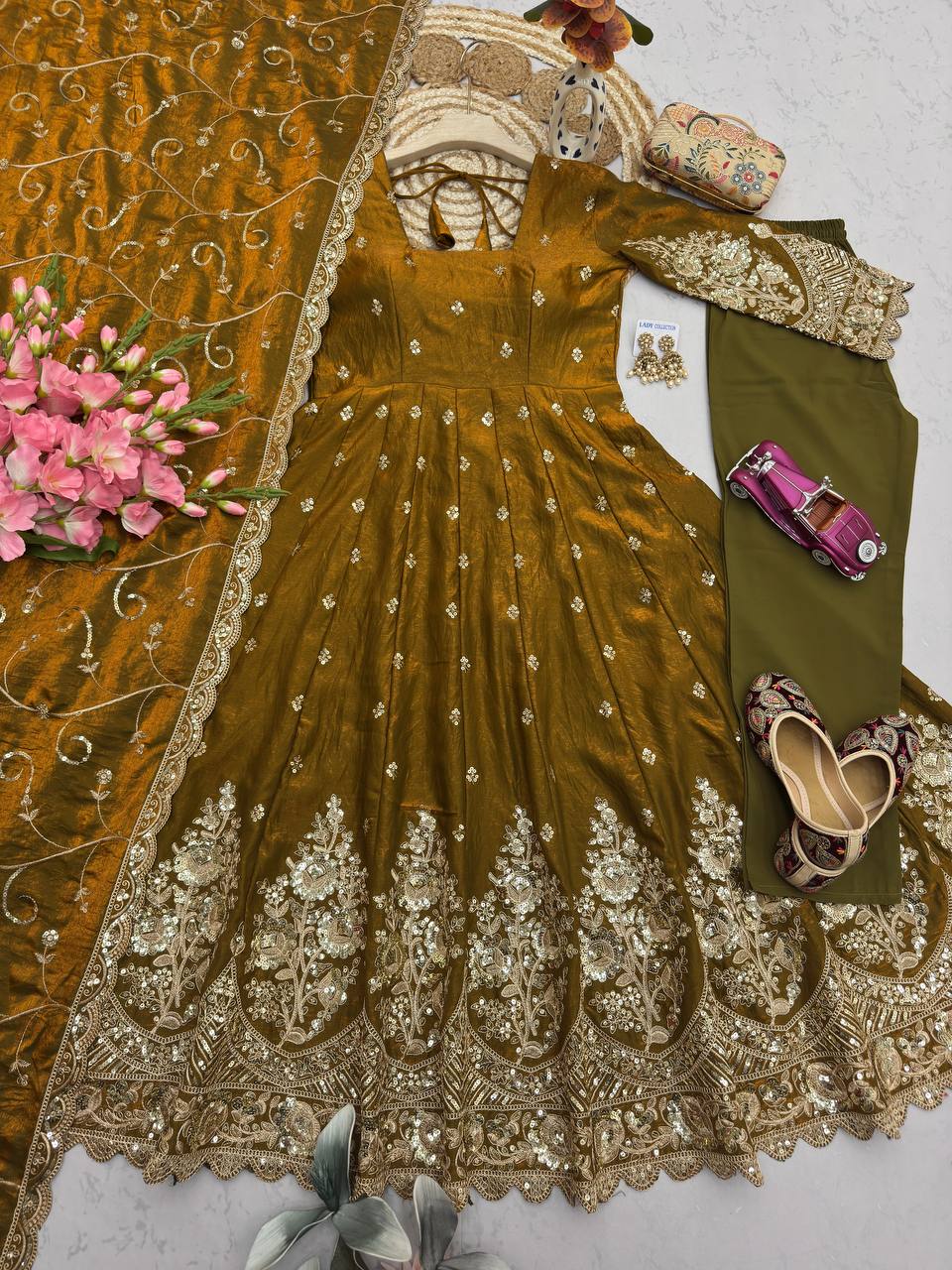 Olive Green Heavy Jelly Smimmer Silk Embroidery And Sequins Work Anarkali Suit