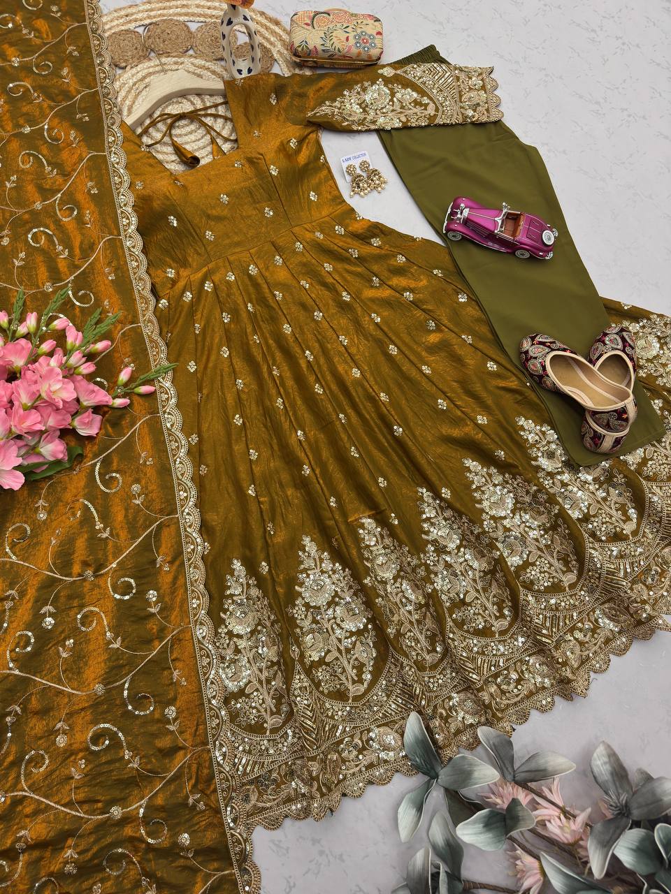 Olive Green Heavy Jelly Smimmer Silk Embroidery And Sequins Work Anarkali Suit
