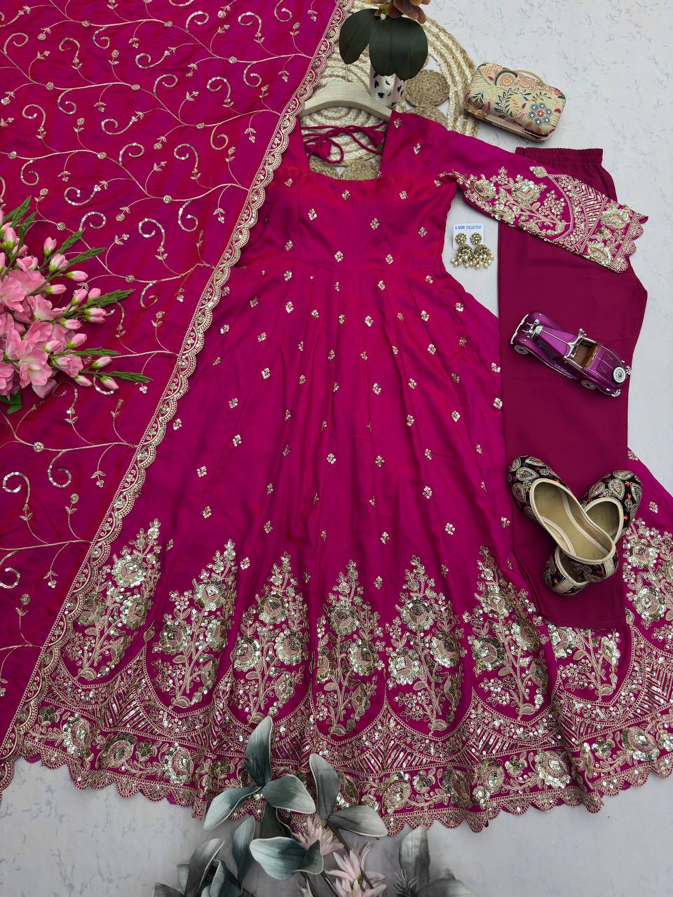 Pink Heavy Jelly Smimmer Silk Embroidery And Sequins Work Anarkali Suit