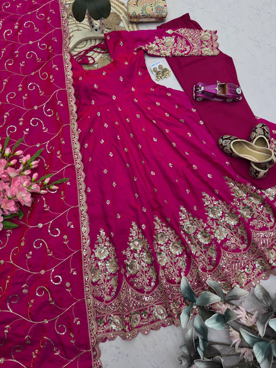 Pink Heavy Jelly Smimmer Silk Embroidery And Sequins Work Anarkali Suit