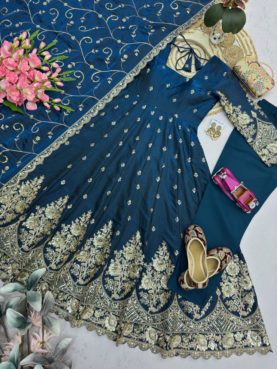 Navy Blue Heavy Jelly Smimmer Silk Embroidery And Sequins Work Anarkali Suit