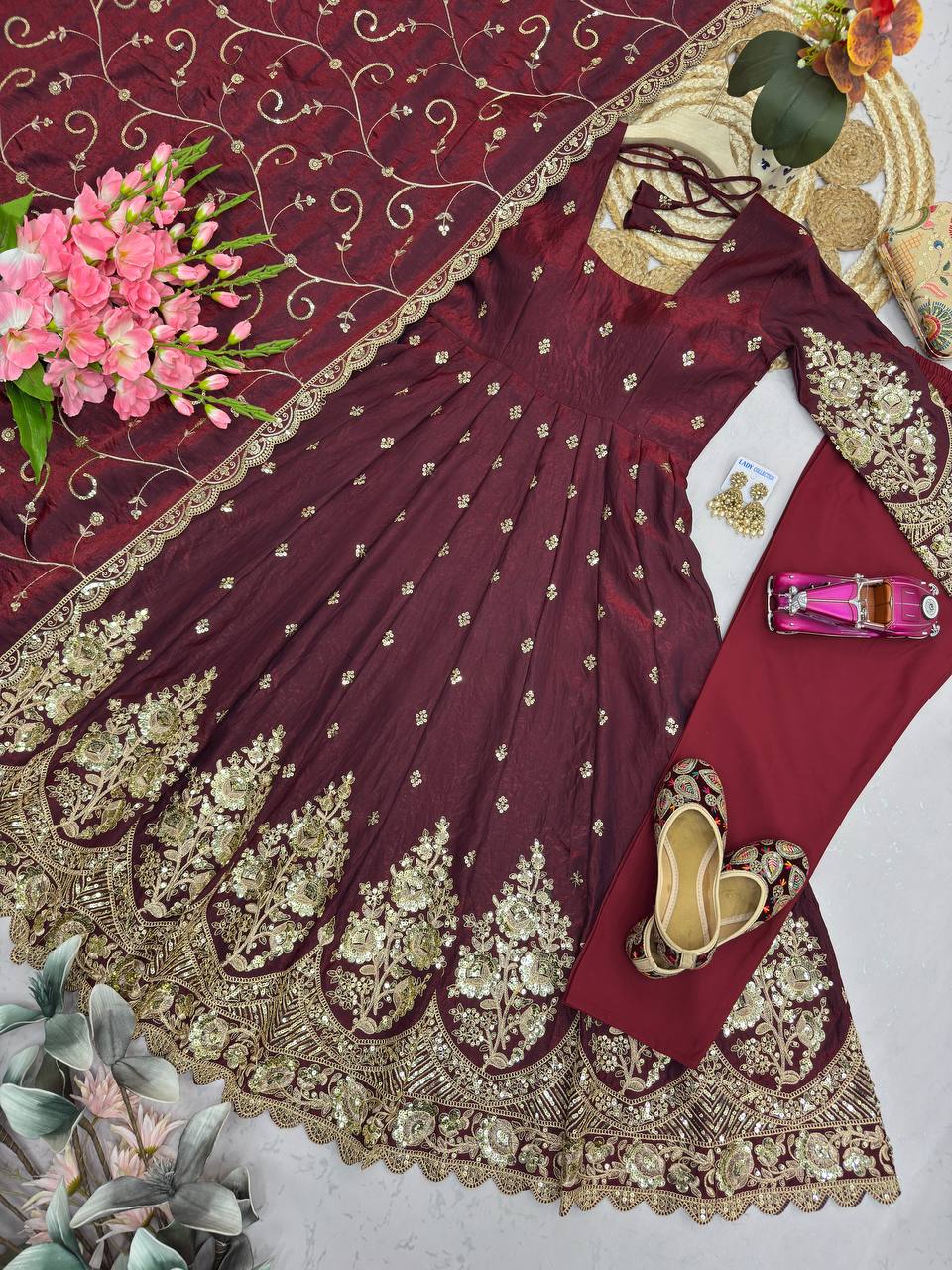 Maroon Heavy Jelly Smimmer Silk Embroidery And Sequins Work Anarkali Suit