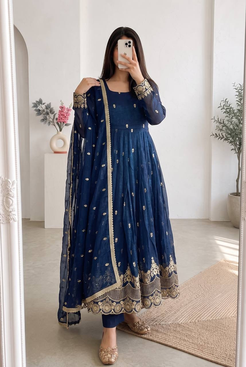 Blue Heavy Crunchy Silk Embroidery Sequins Work Anarkali Suit 