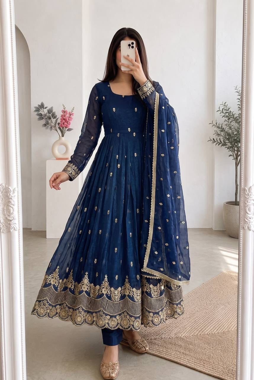 Blue Heavy Crunchy Silk Embroidery Sequins Work Anarkali Suit 