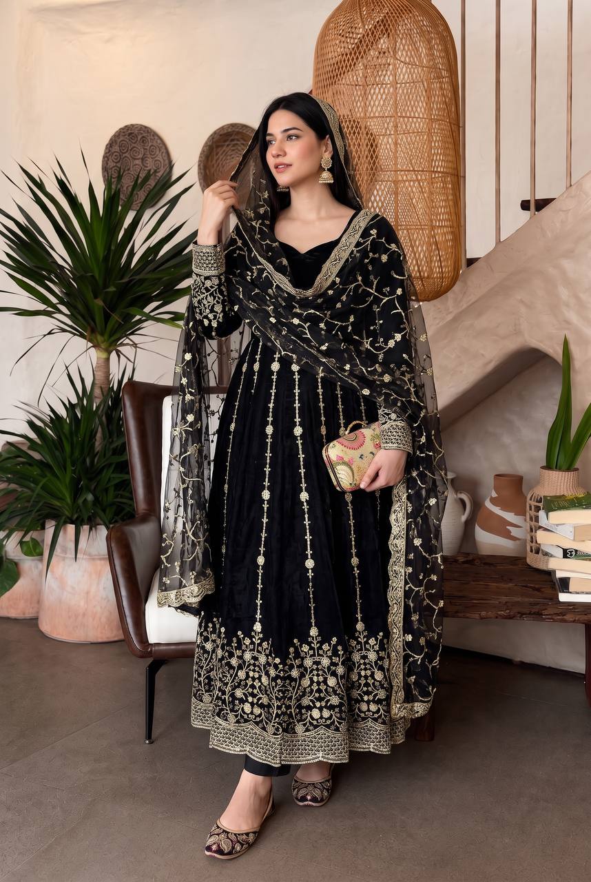 Black Heavy Fandy Silk Embroidery And Sequins Work Anarkali Suit