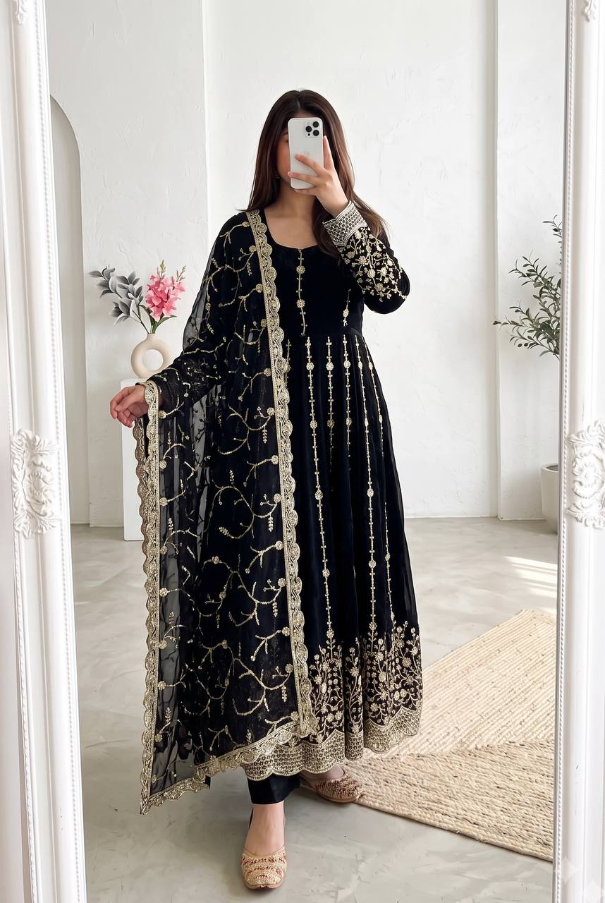 Black Heavy Fandy Silk Embroidery And Sequins Work Anarkali Suit