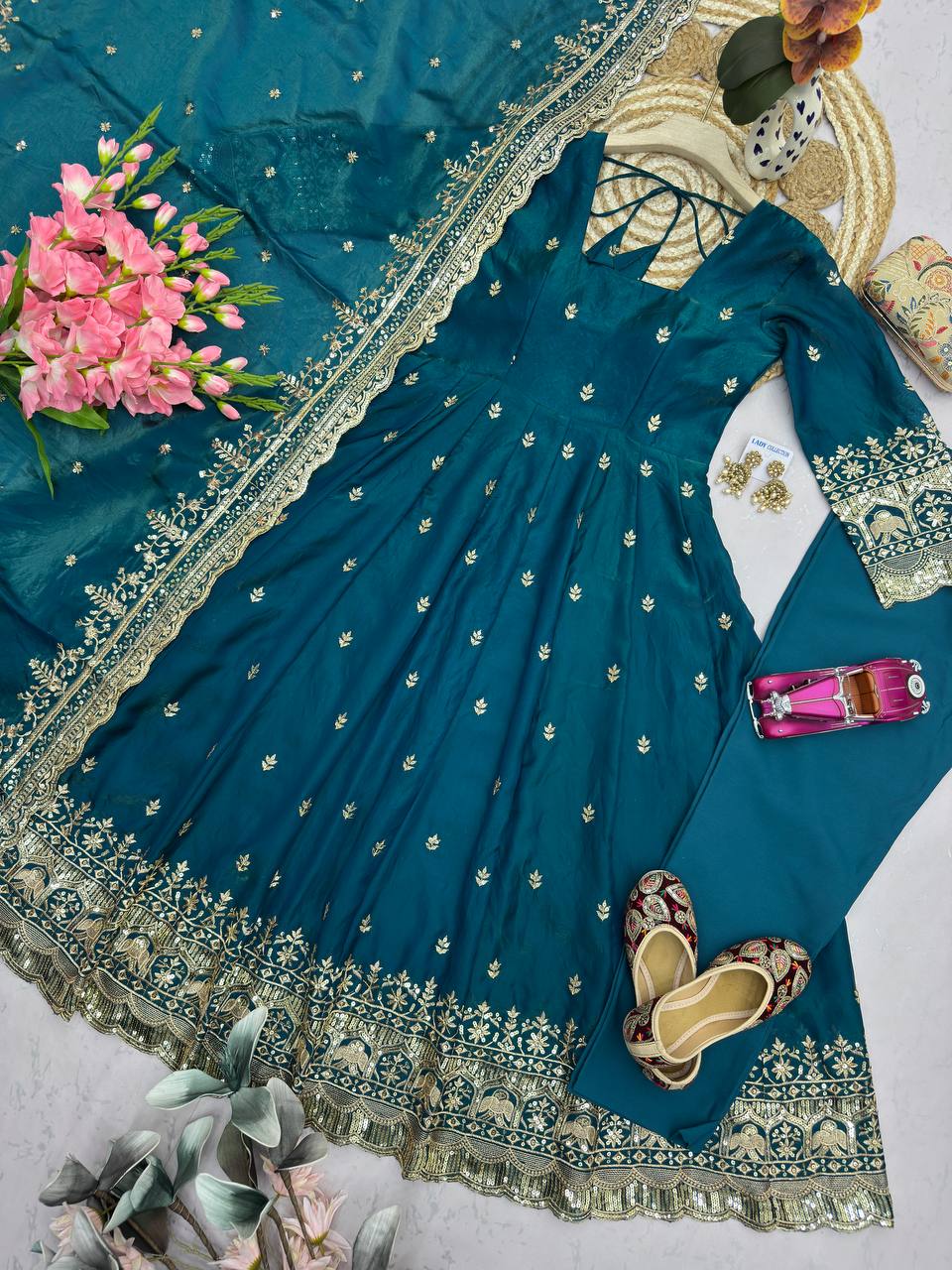 Navy Blue Fendi Satin Embroidered Sequins Work Suit Set