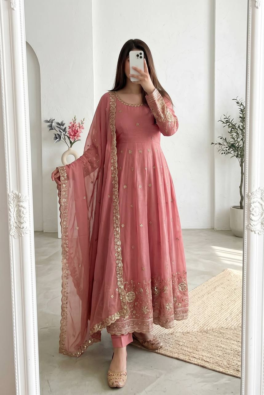 Dusty Pink Heavy Crunchy Silk Embroidery Sequins Work Anarkali Suit
