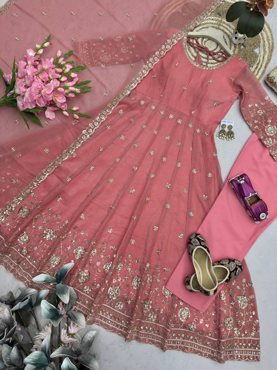 Dusty Pink Heavy Crunchy Silk Embroidery Sequins Work Anarkali Suit