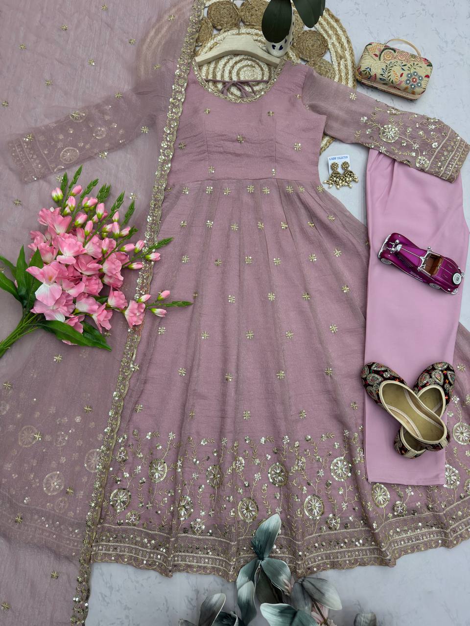 Onion Pink Heavy Crunchy Silk Embroidery Sequins Work Anarkali Suit