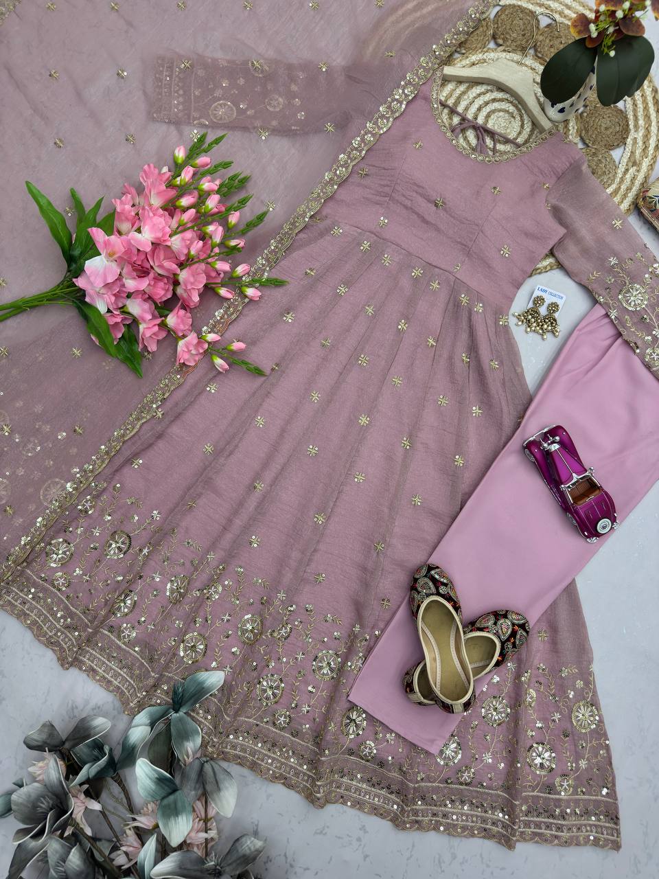 Onion Pink Heavy Crunchy Silk Embroidery Sequins Work Anarkali Suit