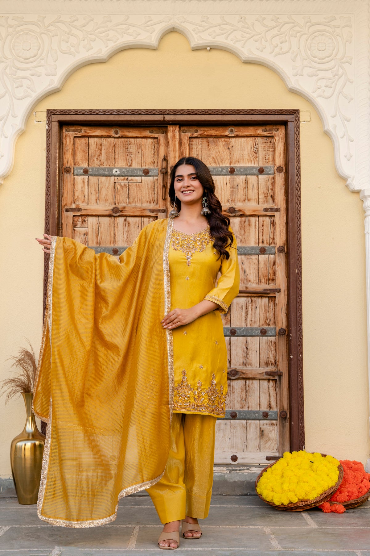 Yellow Mustard Silk Sindoor Satin Beats Work Kurti Set