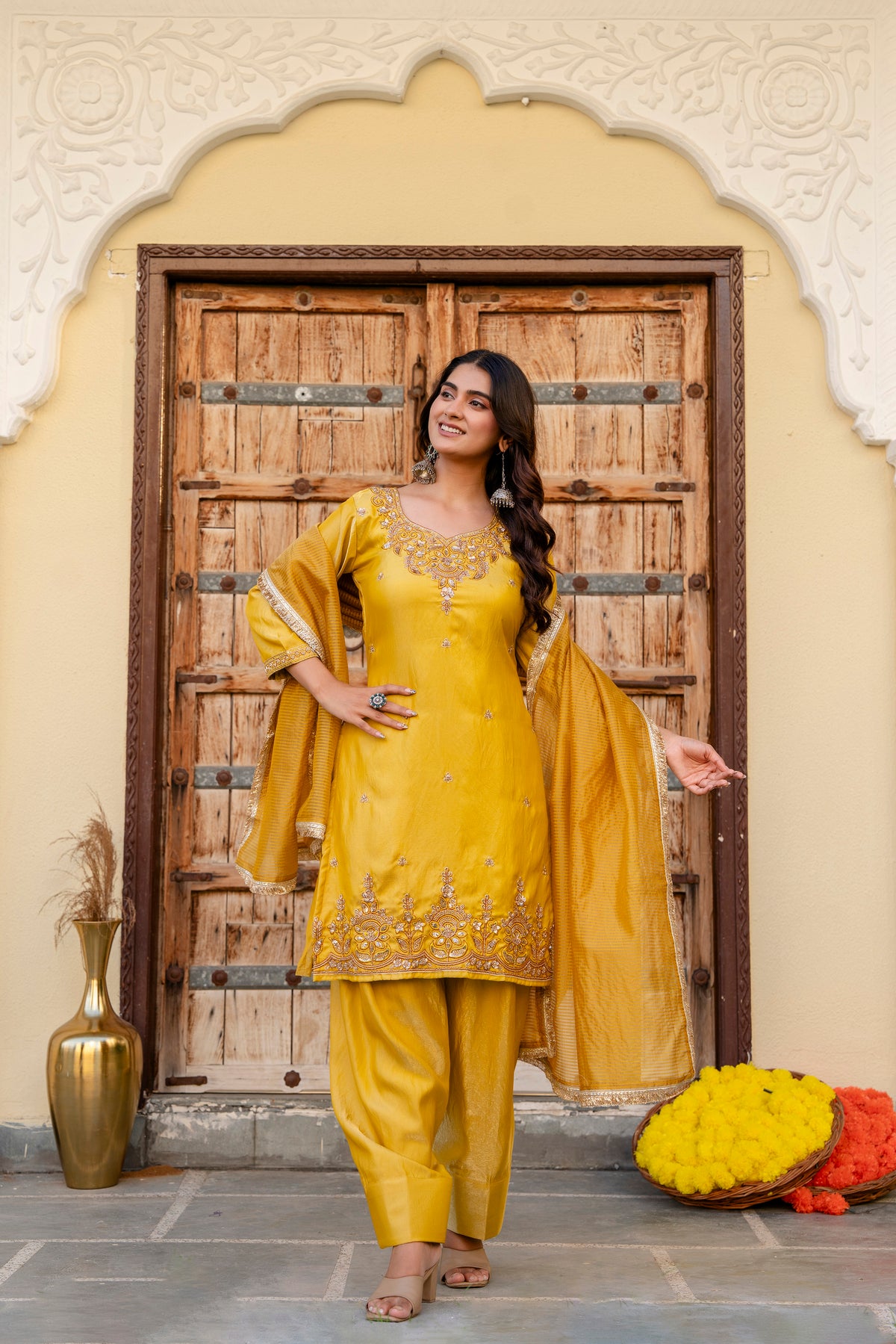 Yellow Mustard Silk Sindoor Satin Beats Work Kurti Set