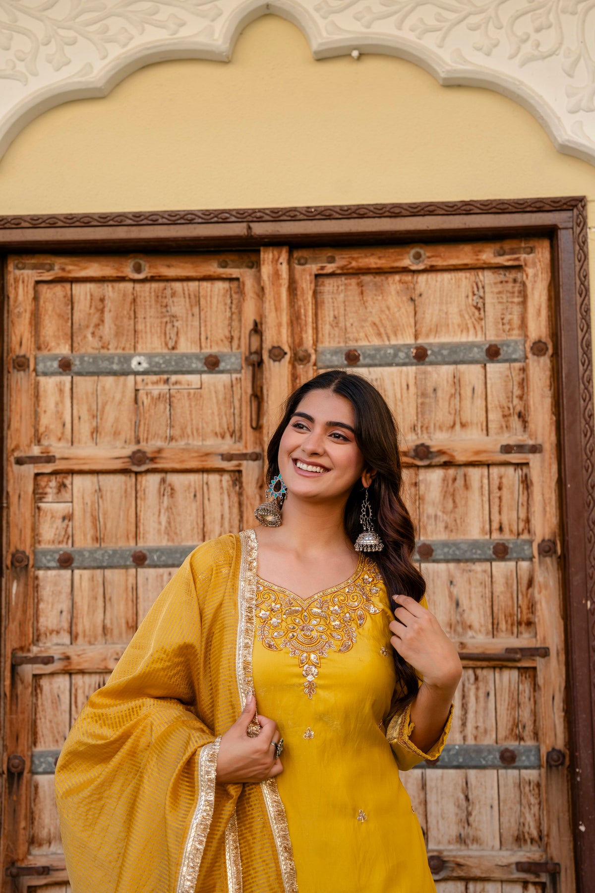 Yellow Mustard Silk Sindoor Satin Beats Work Kurti Set