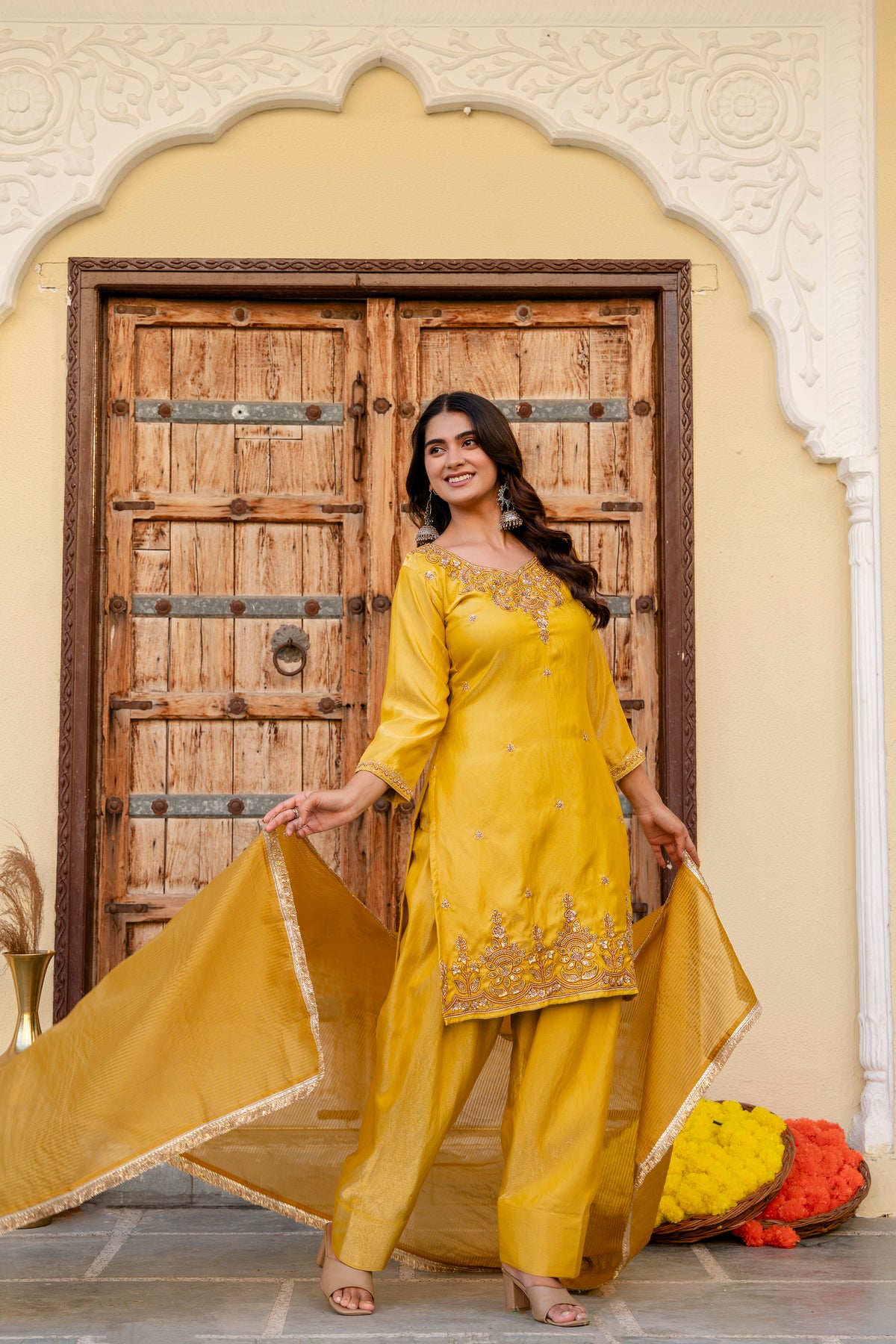 Yellow Mustard Silk Sindoor Satin Beats Work Kurti Set