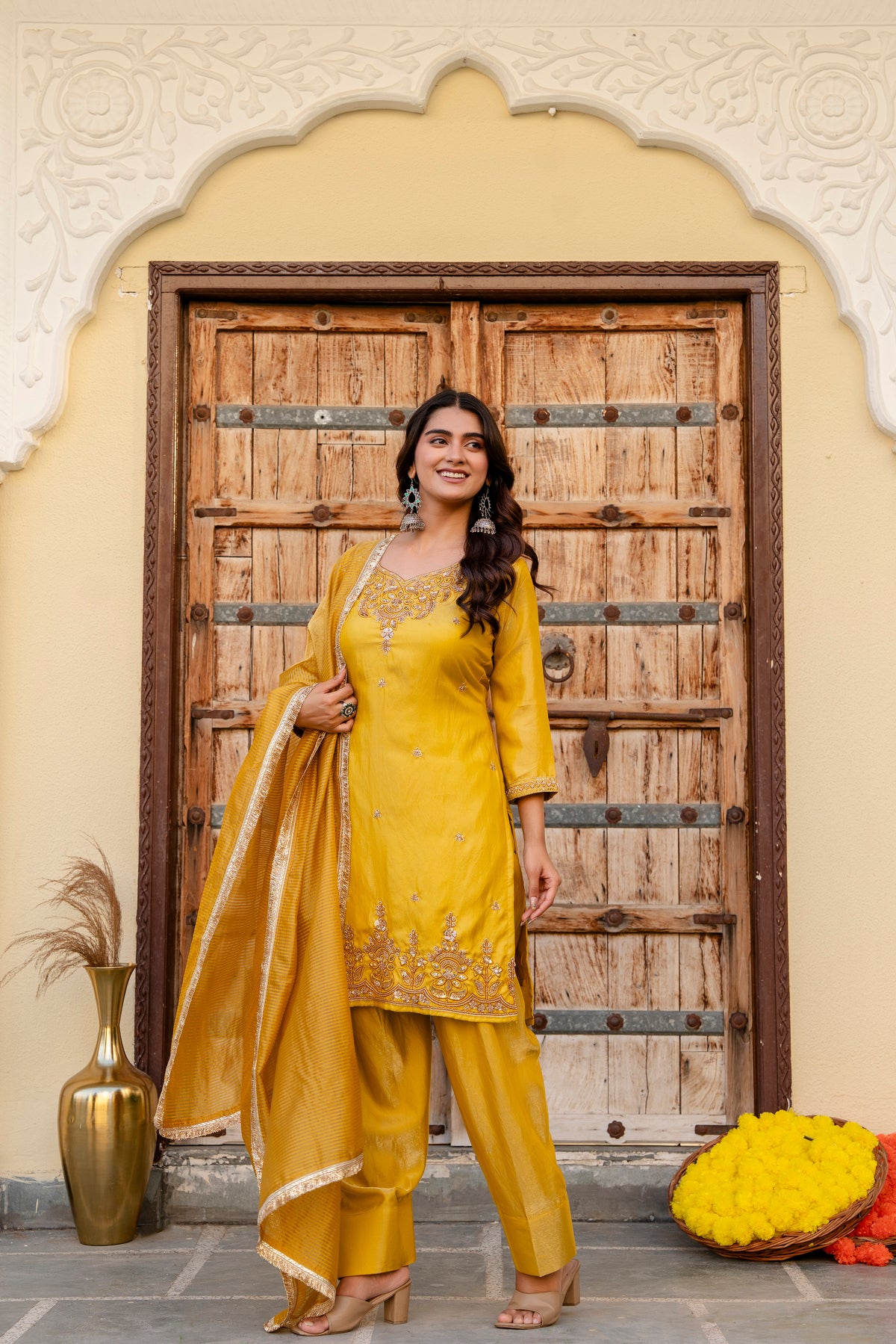 Yellow Mustard Silk Sindoor Satin Beats Work Kurti Set