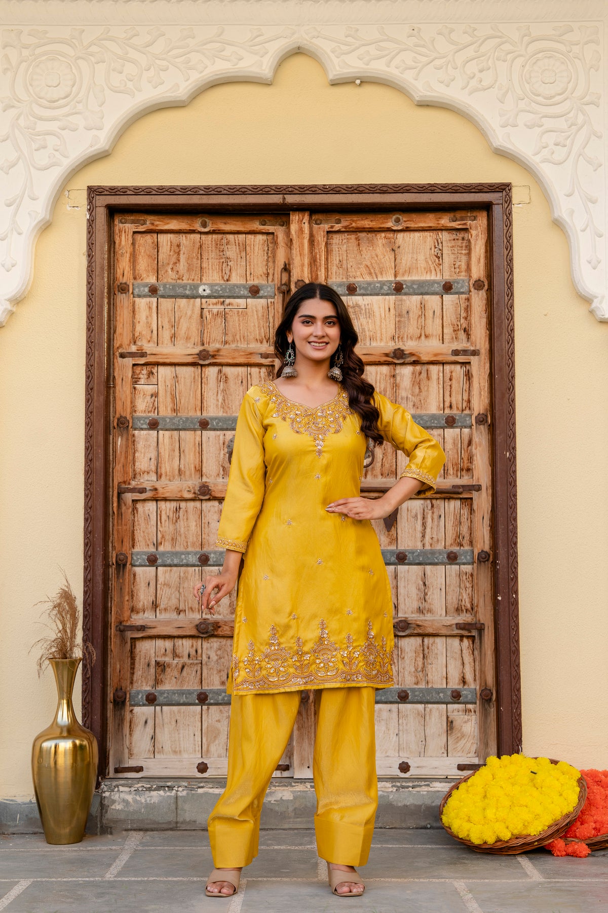 Yellow Mustard Silk Sindoor Satin Beats Work Kurti Set
