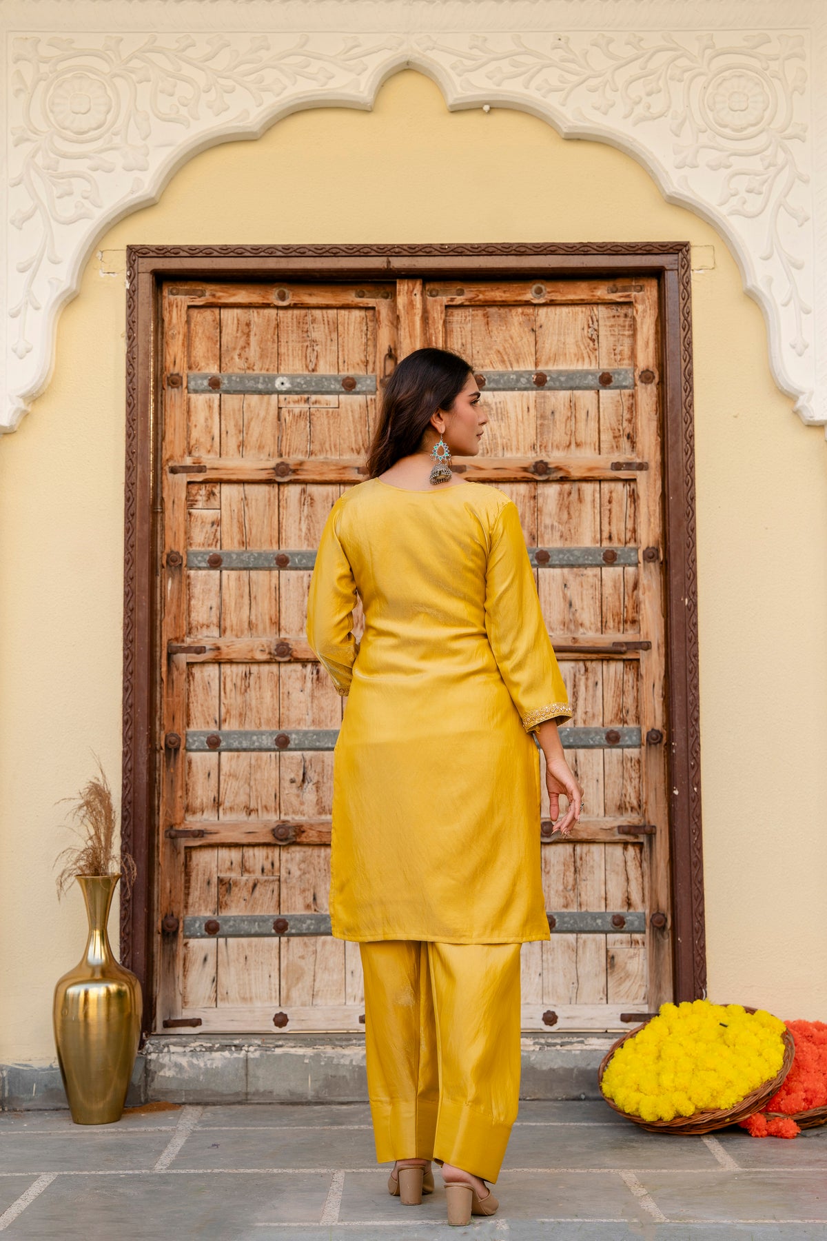 Yellow Mustard Silk Sindoor Satin Beats Work Kurti Set