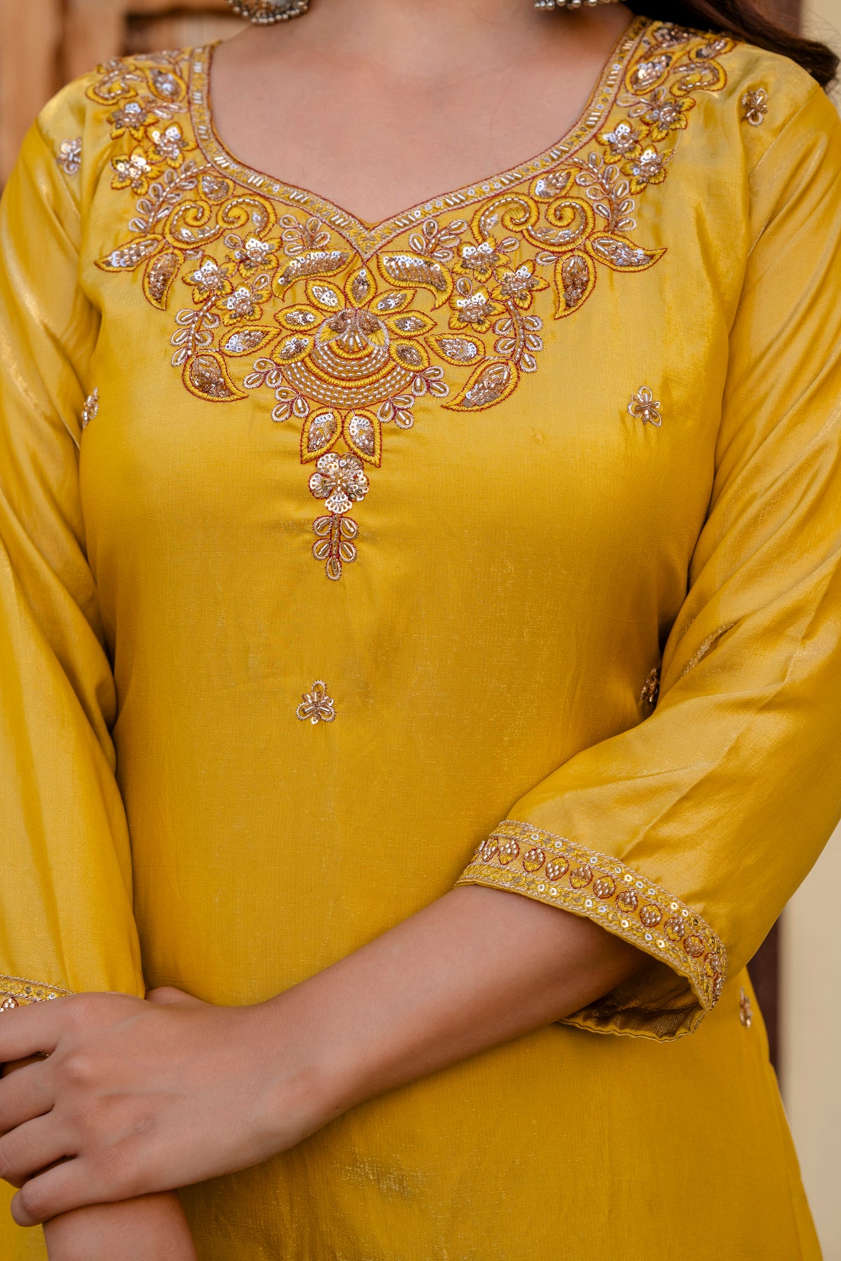 Yellow Mustard Silk Sindoor Satin Beats Work Kurti Set