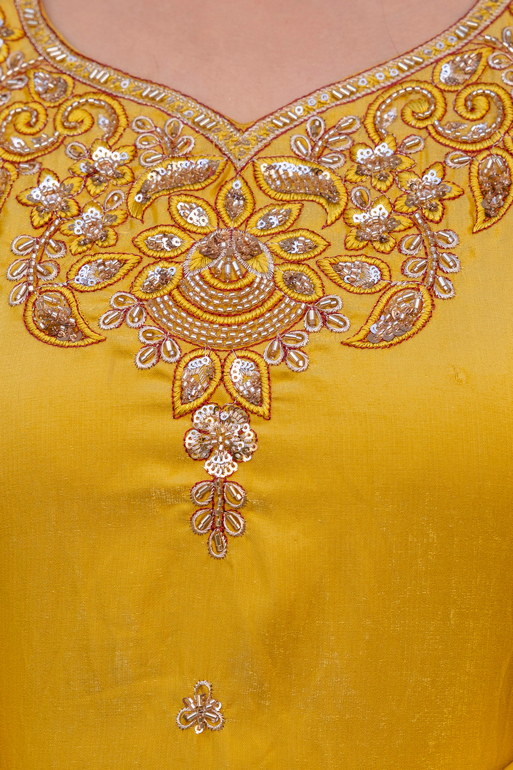Yellow Mustard Silk Sindoor Satin Beats Work Kurti Set