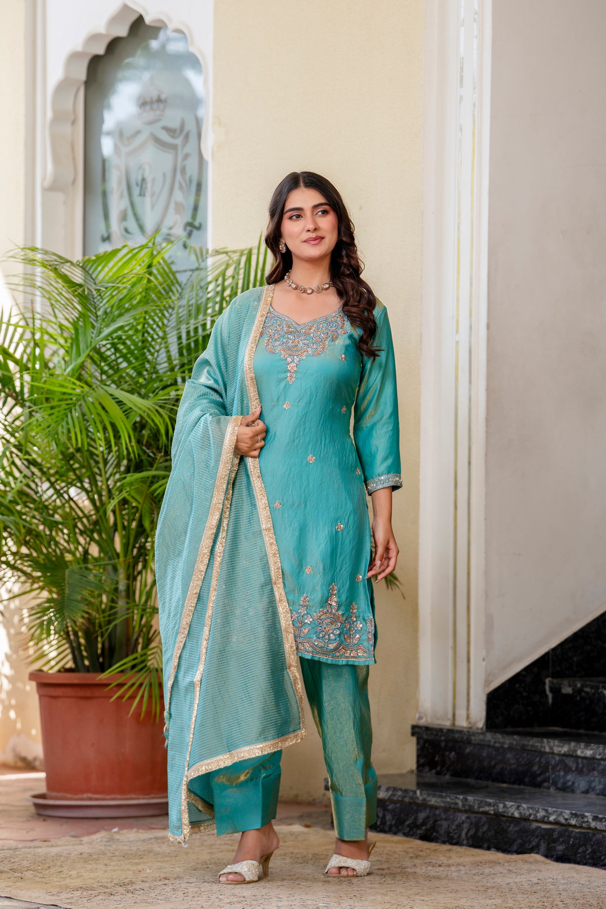 Sea Green Silk Sindoor Sartin Beats Work Kurti Set 