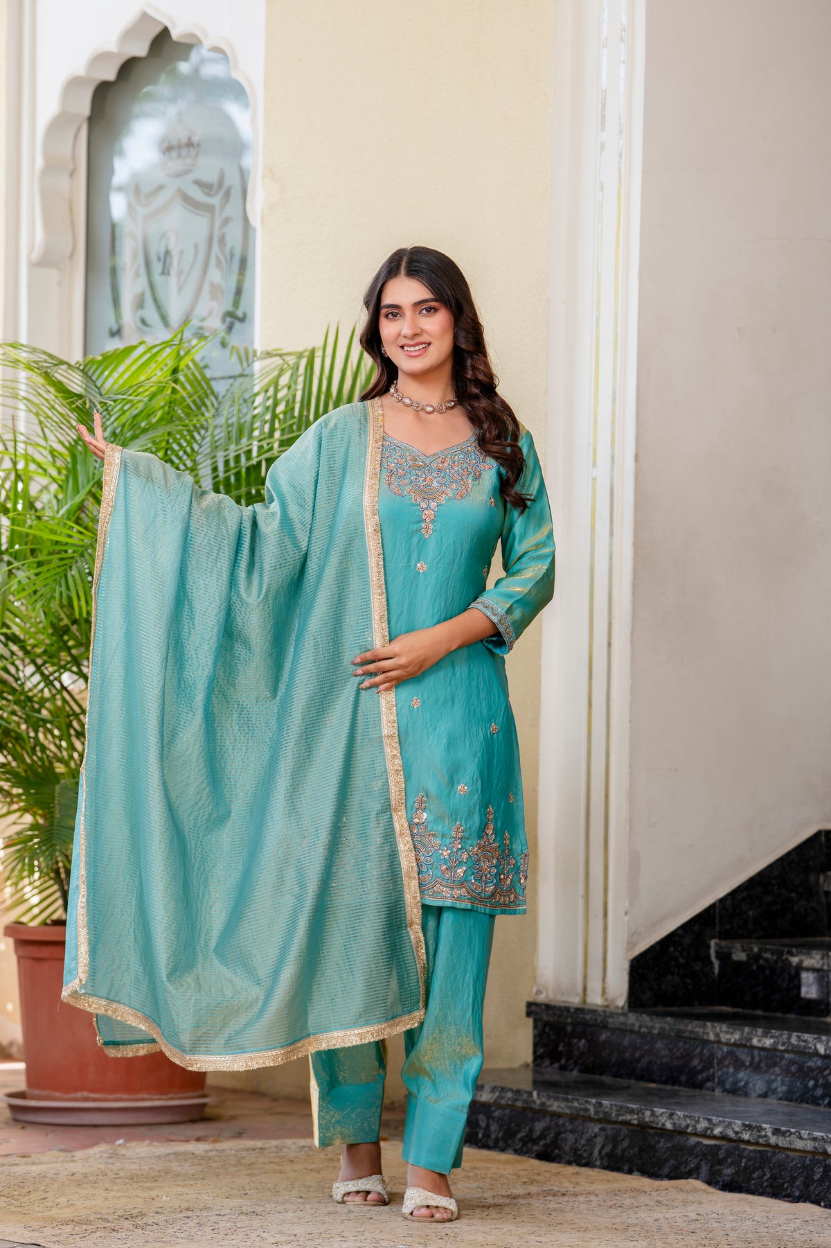 Sea Green Silk Sindoor Sartin Beats Work Kurti Set 
