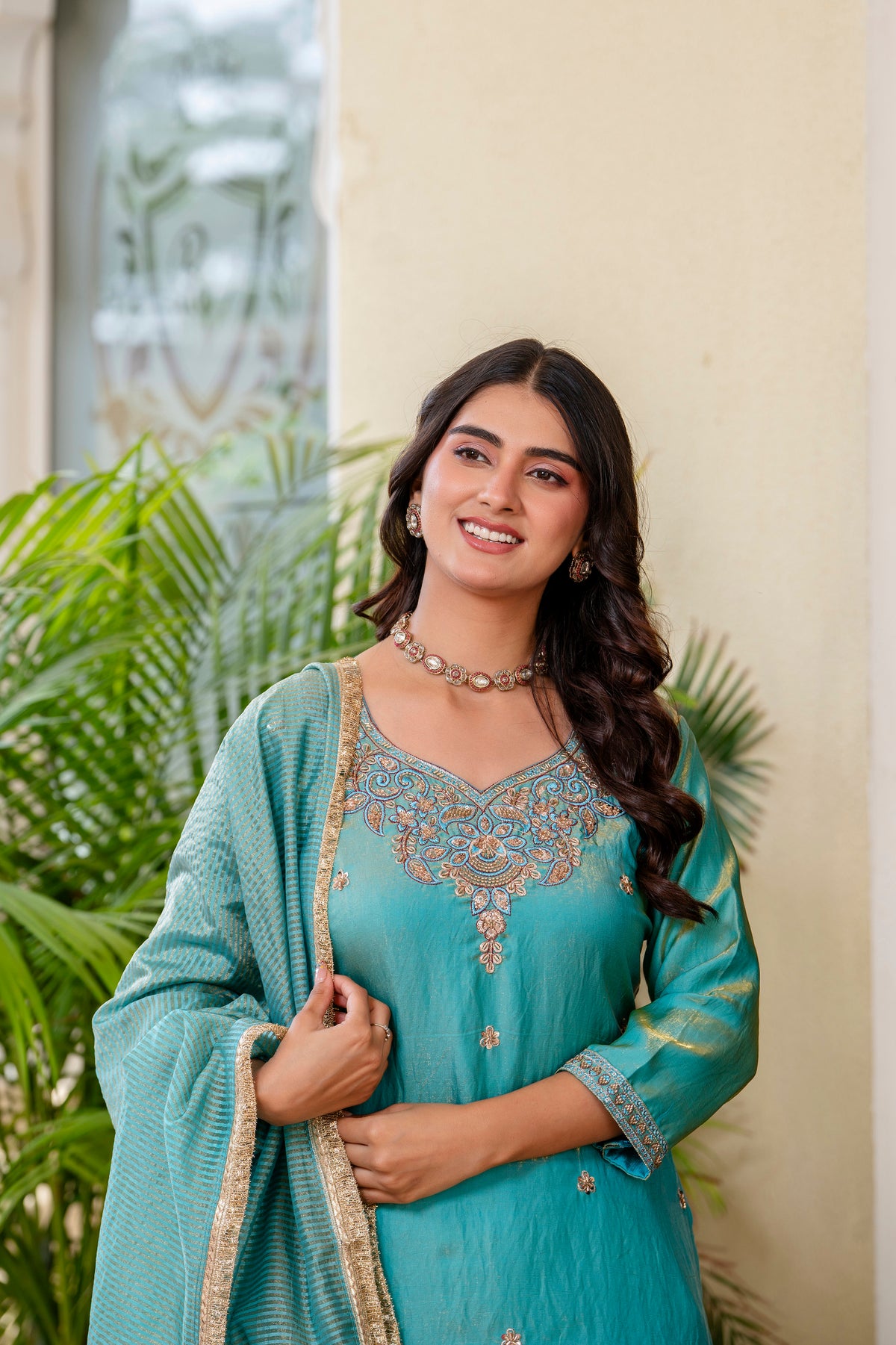 Sea Green Silk Sindoor Sartin Beats Work Kurti Set 