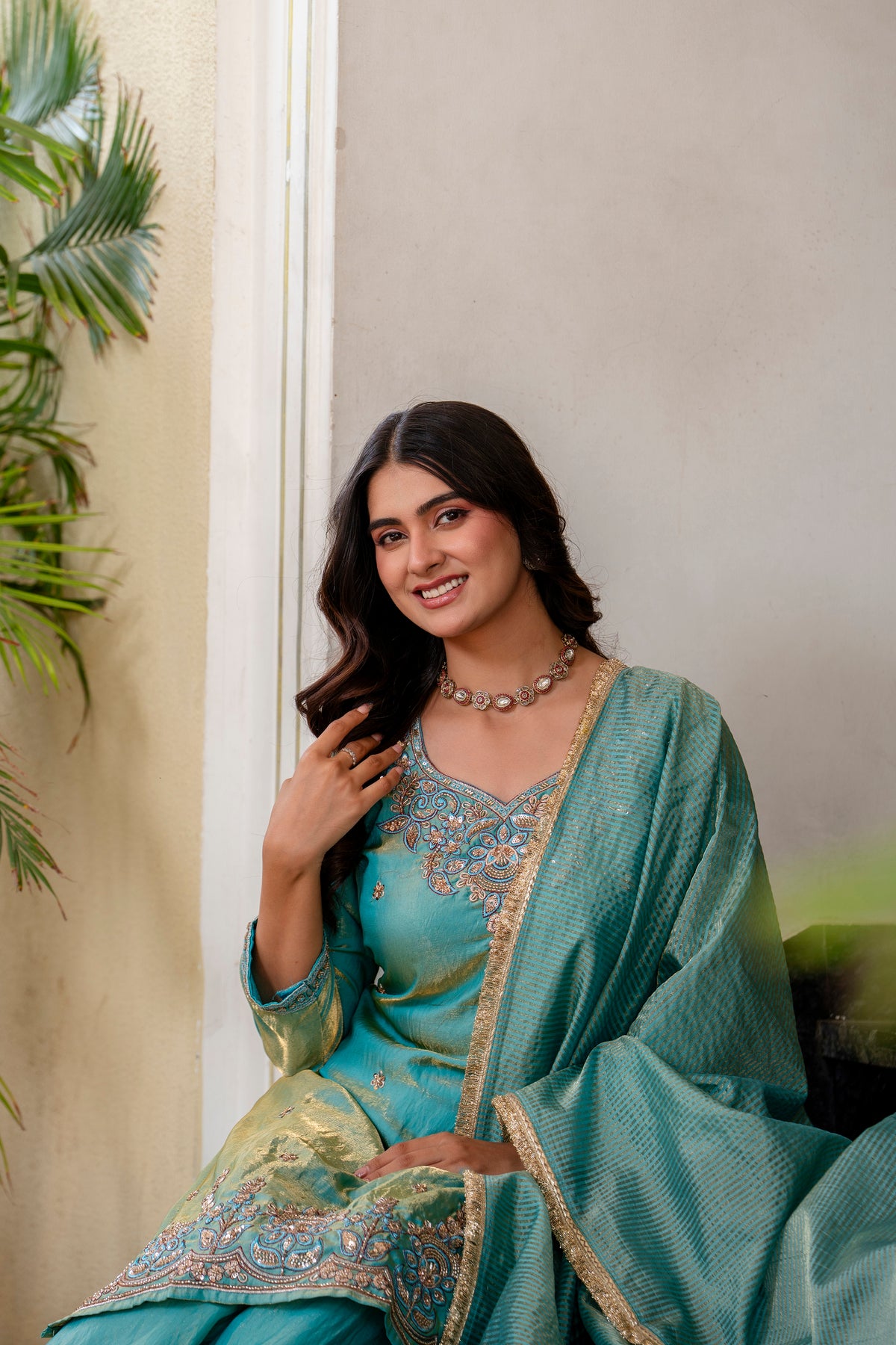 Sea Green Silk Sindoor Sartin Beats Work Kurti Set 