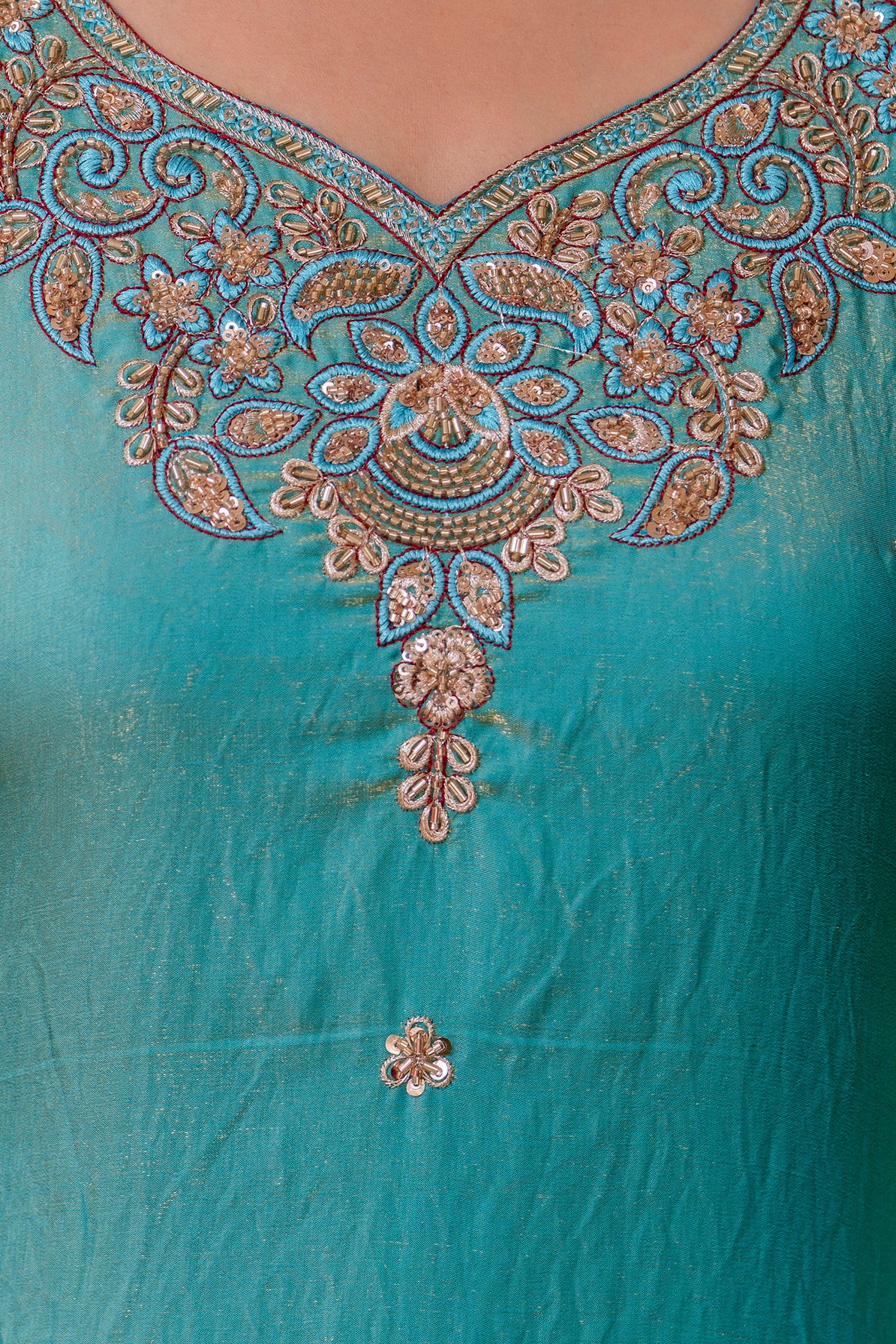 Sea Green Silk Sindoor Sartin Beats Work Kurti Set 