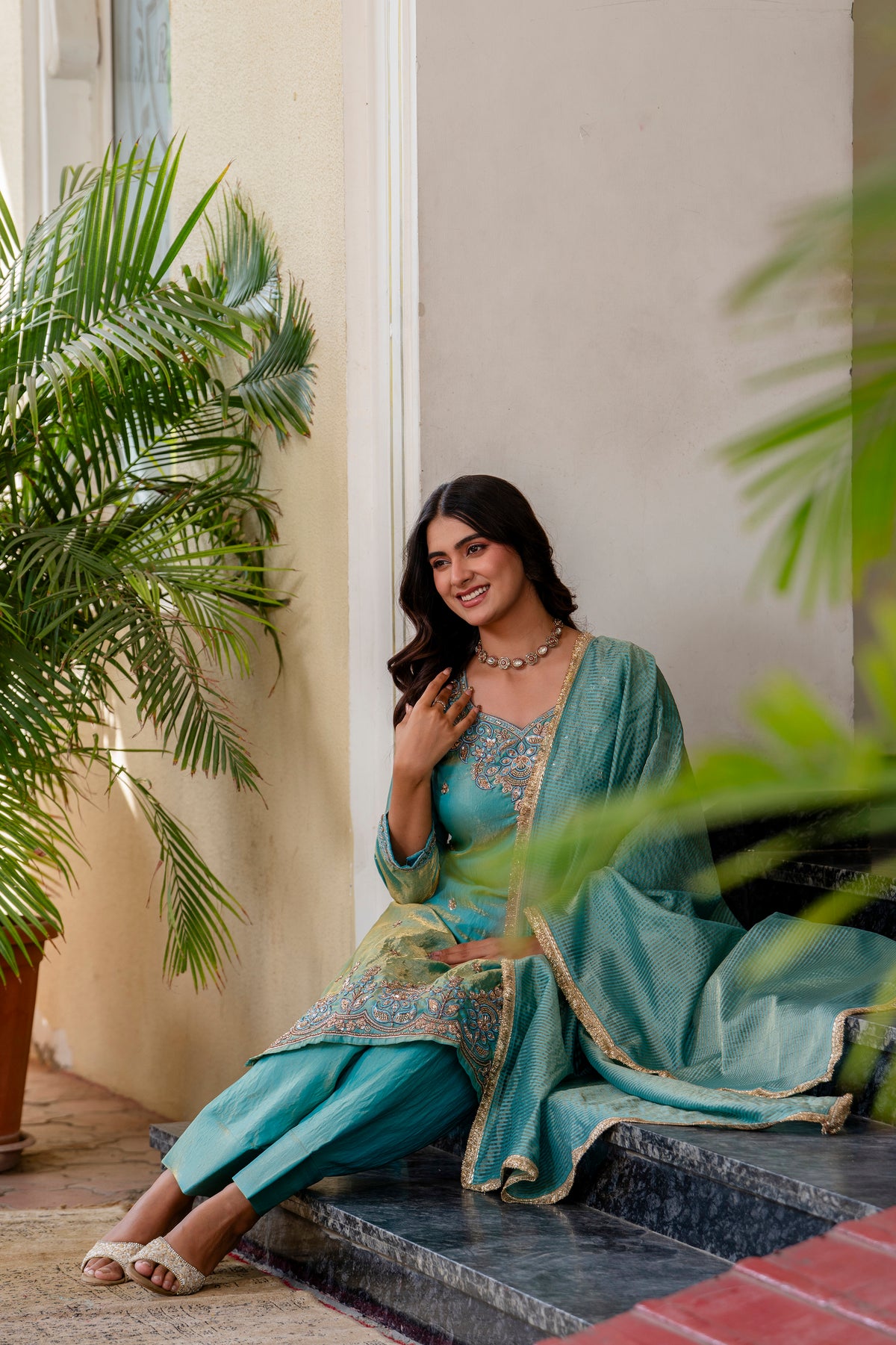 Sea Green Silk Sindoor Sartin Beats Work Kurti Set 