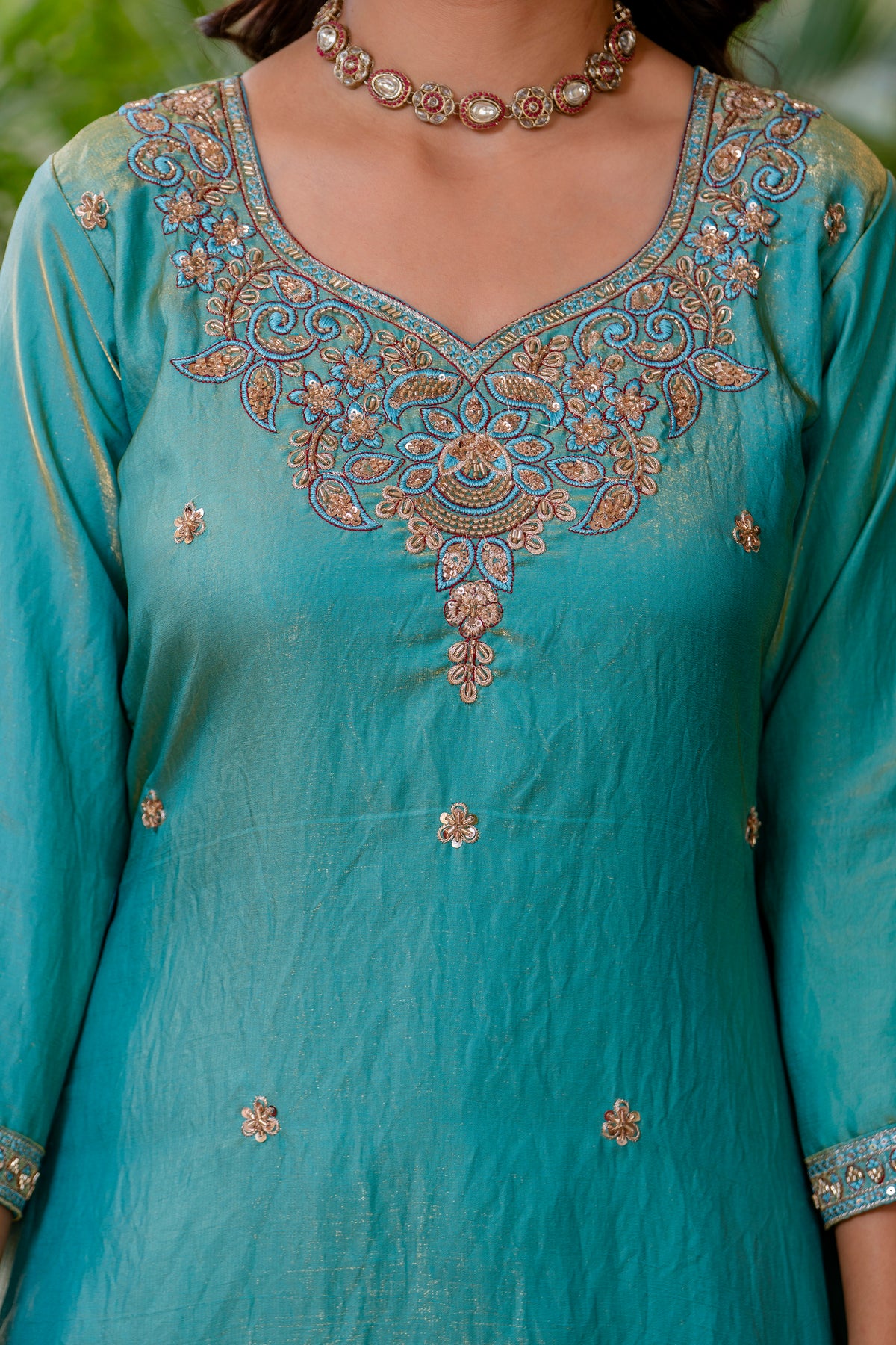 Sea Green Silk Sindoor Sartin Beats Work Kurti Set 