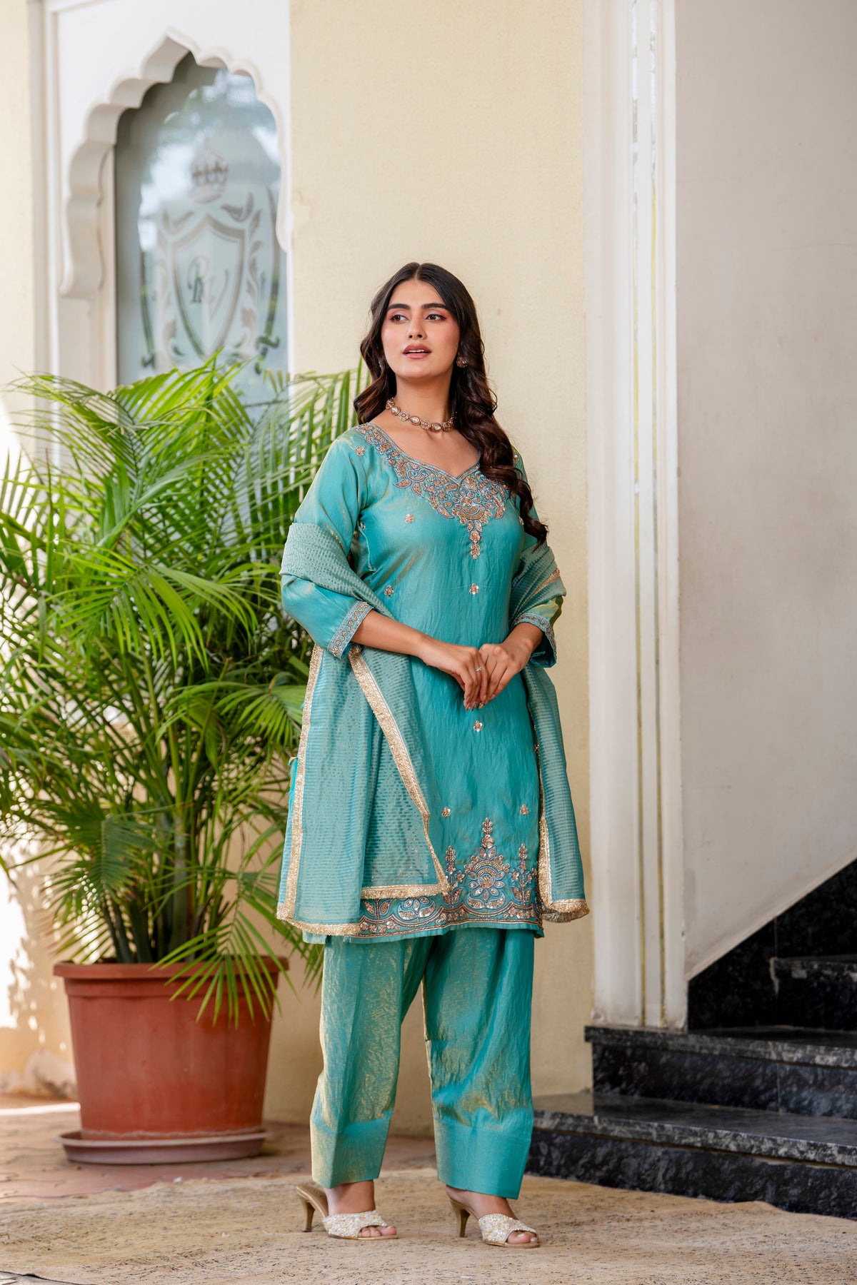 Sea Green Silk Sindoor Sartin Beats Work Kurti Set 