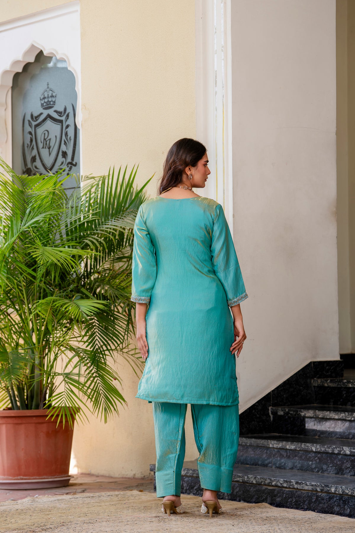 Sea Green Silk Sindoor Sartin Beats Work Kurti Set 