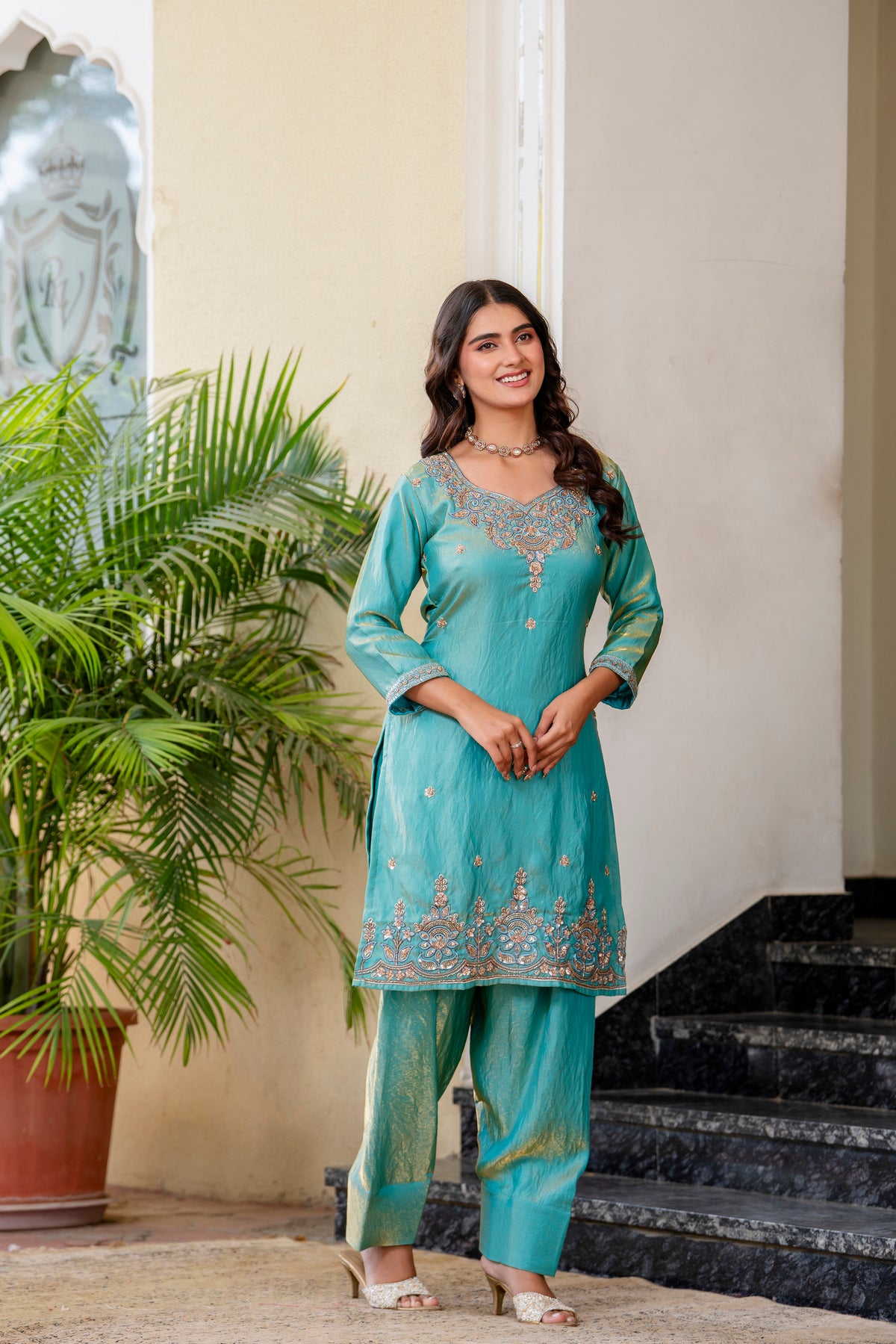Sea Green Silk Sindoor Sartin Beats Work Kurti Set 