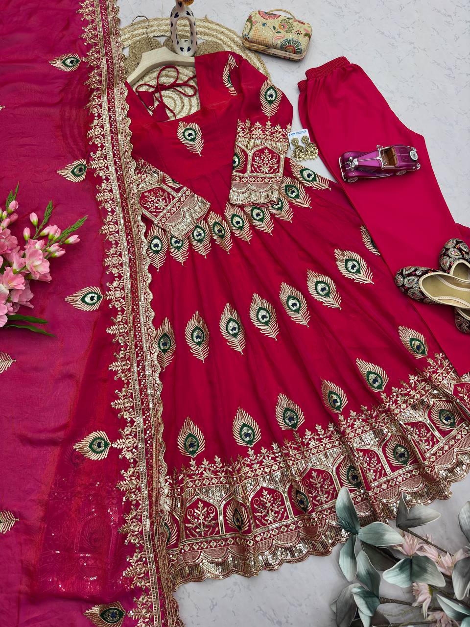 Red Heavy Fandy Silk Embroidery Threads And Zari Sequins Work Suit Set 